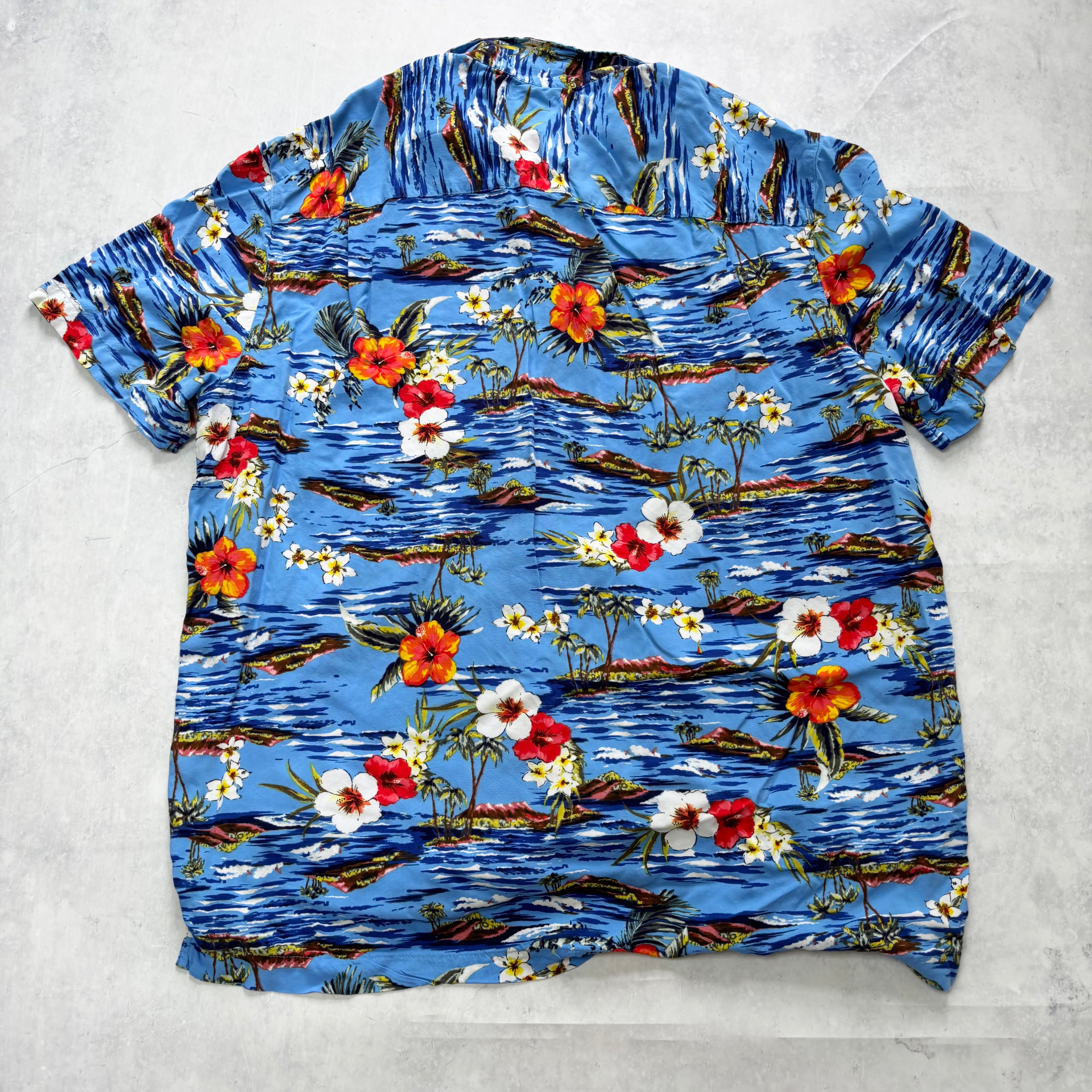 Hawaiian Shirt Mens XL Blue Floral Aloha Short Sleeve Rayon (E)