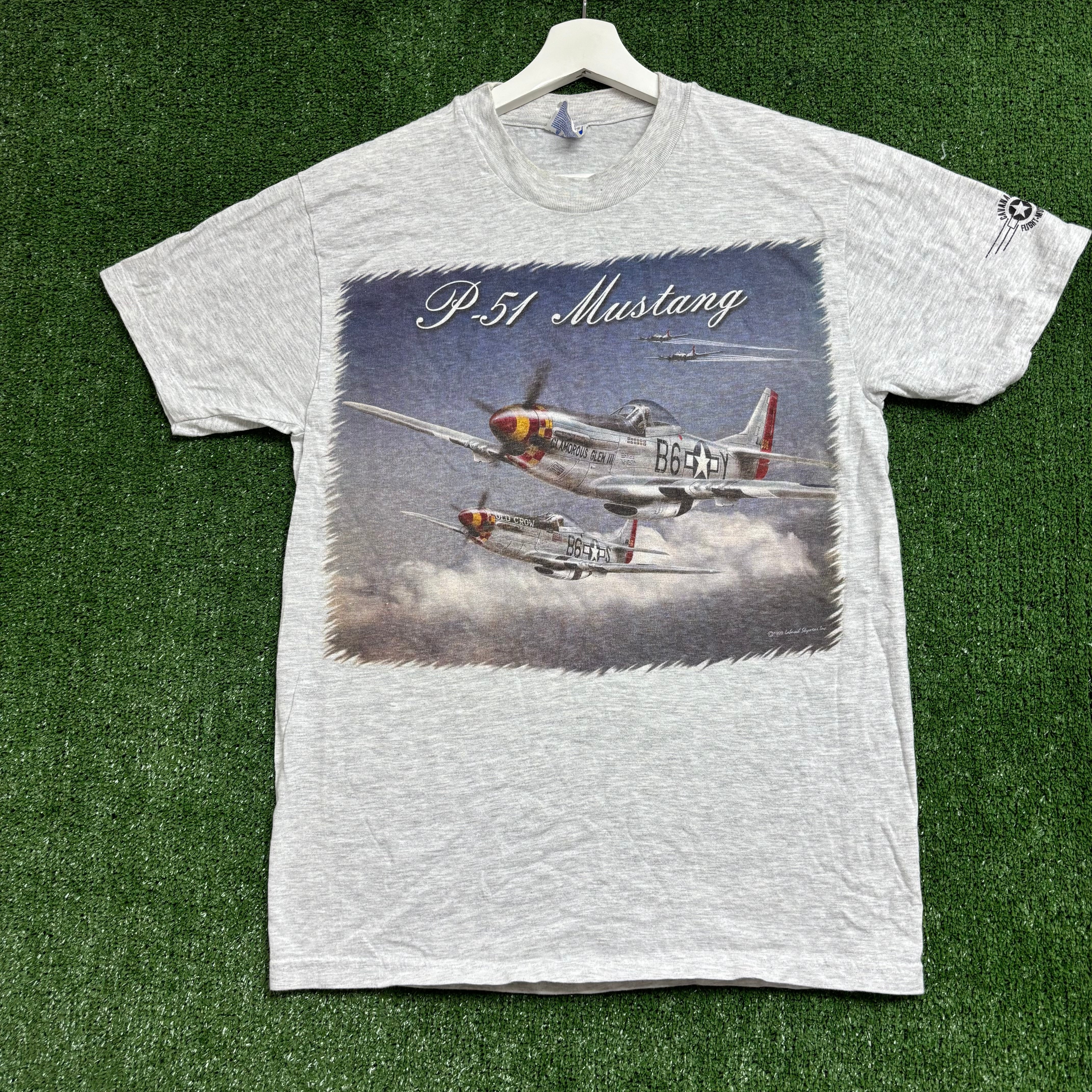 Vintage T Shirt Mens Medium Grey Graphic Print 90s USA Plane Hanes Beefy (E)