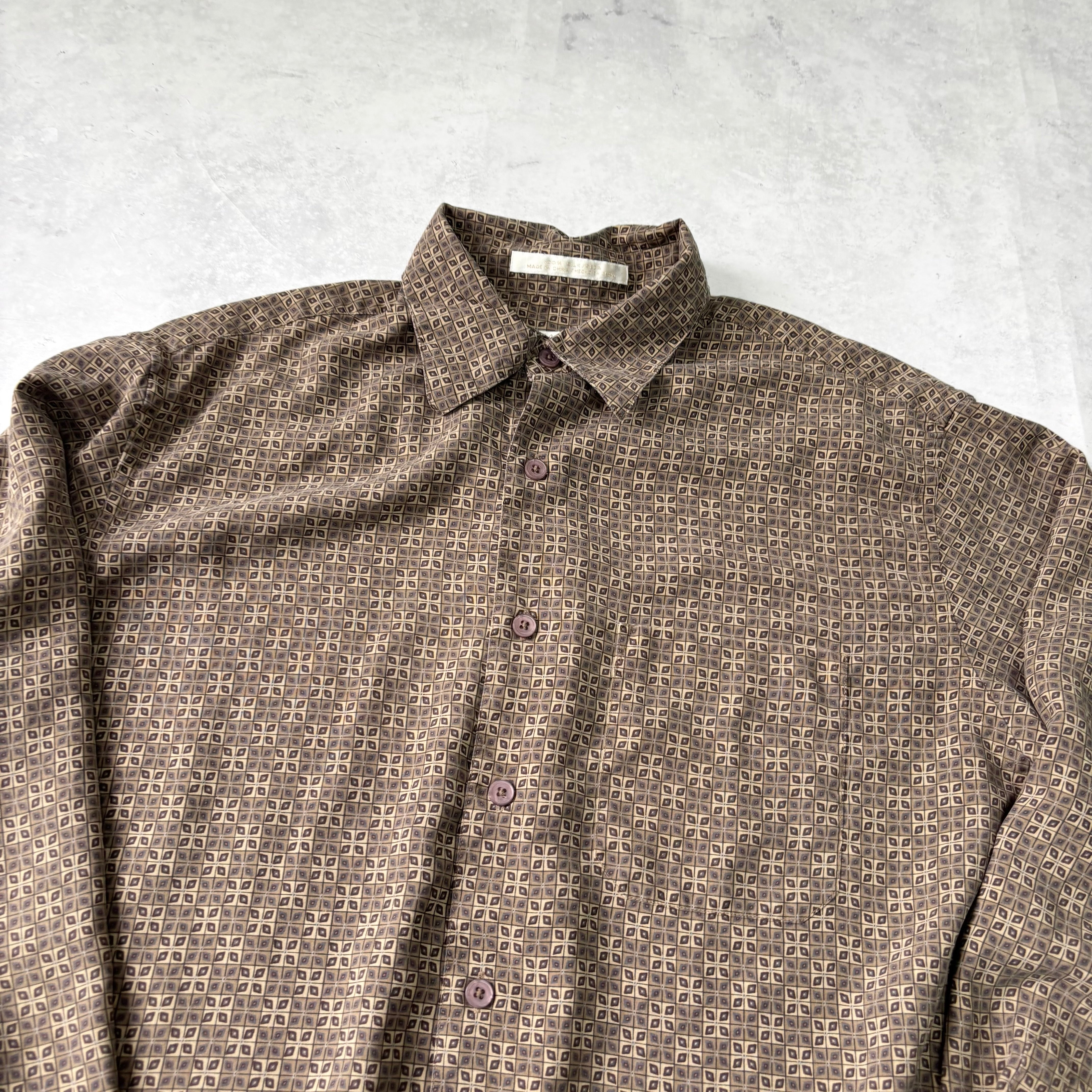 Perry Ellis Long Sleeve Shirt Mens Medium Brown Check Pattern Silk (E)