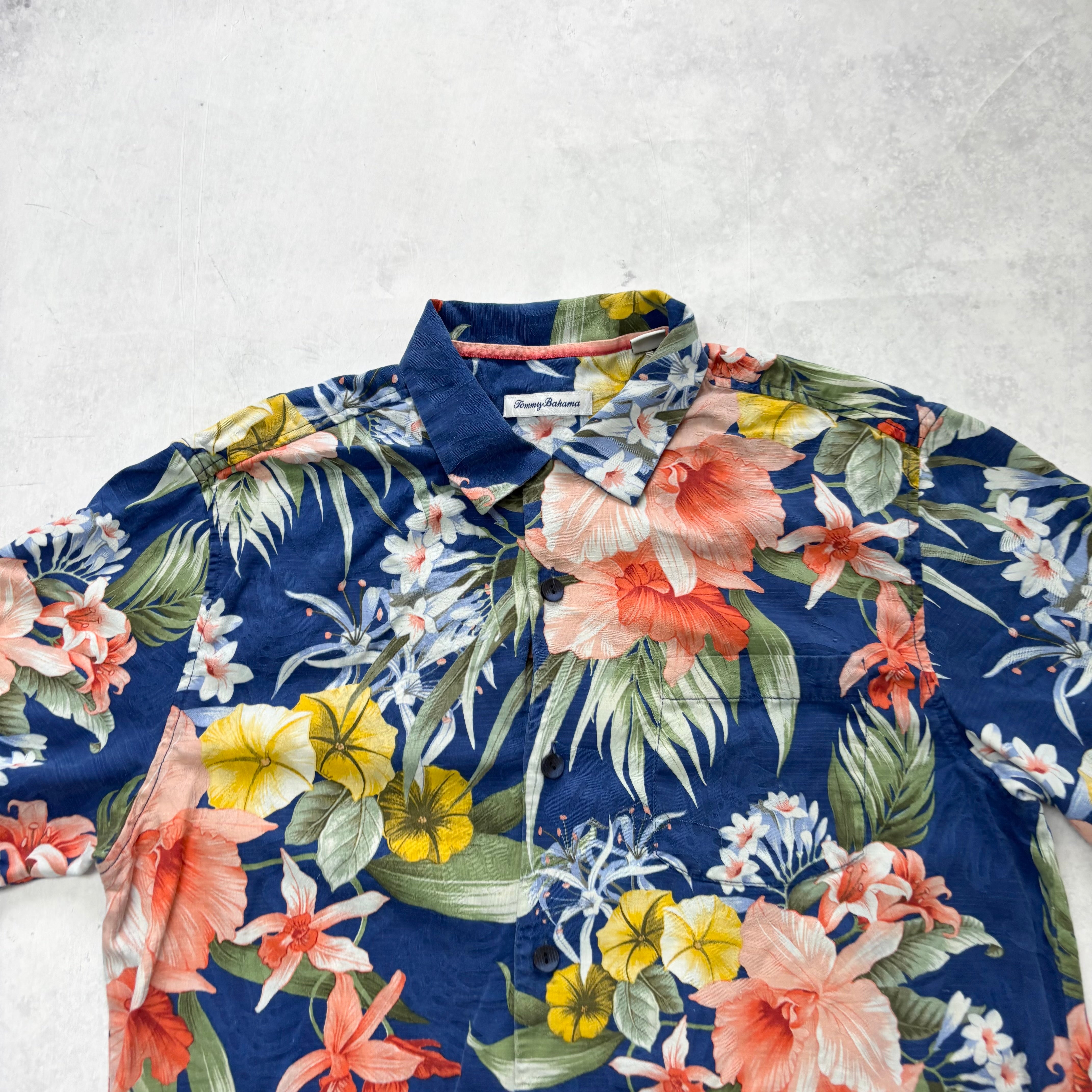 Tommy Bahama Hawaiian Shirt Mens Medium Blue Short Sleeve Silk (E)