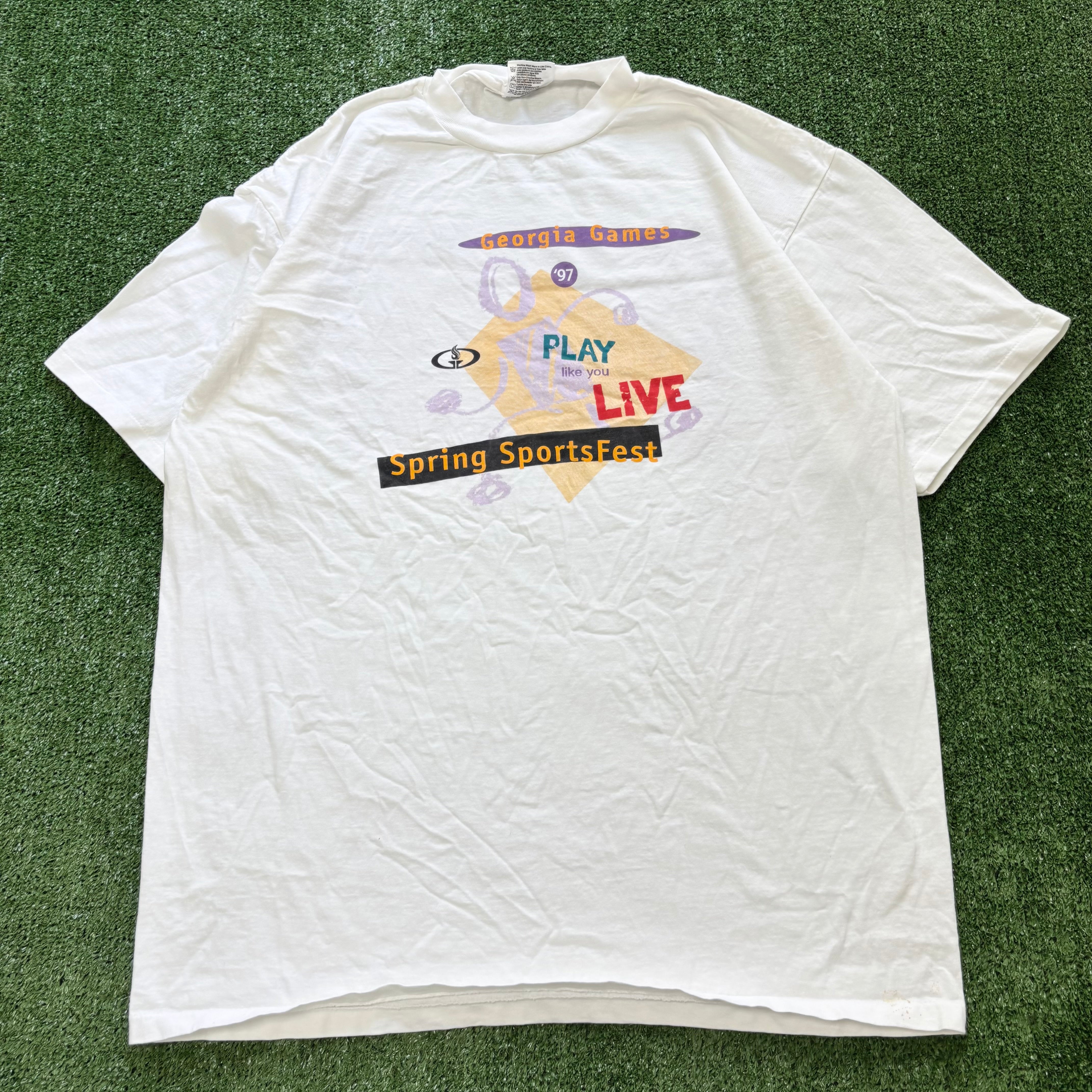Vintage T Shirt Mens XL White Single Stitch Graphic Print 90s USA Games