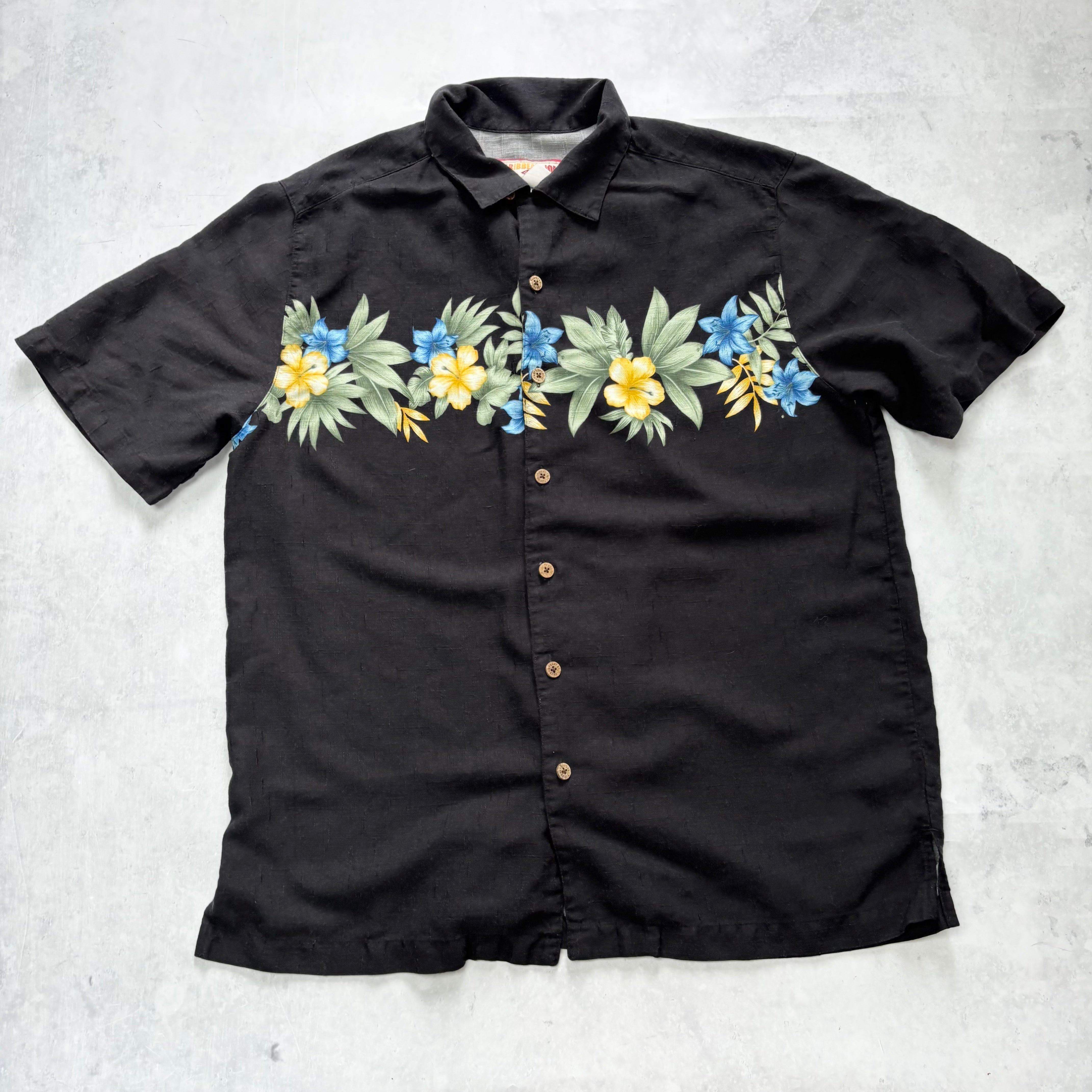 Vintage Hawaiian Shirt Mens Large Black Floral Aloha Short Sleeve Rayon (E)