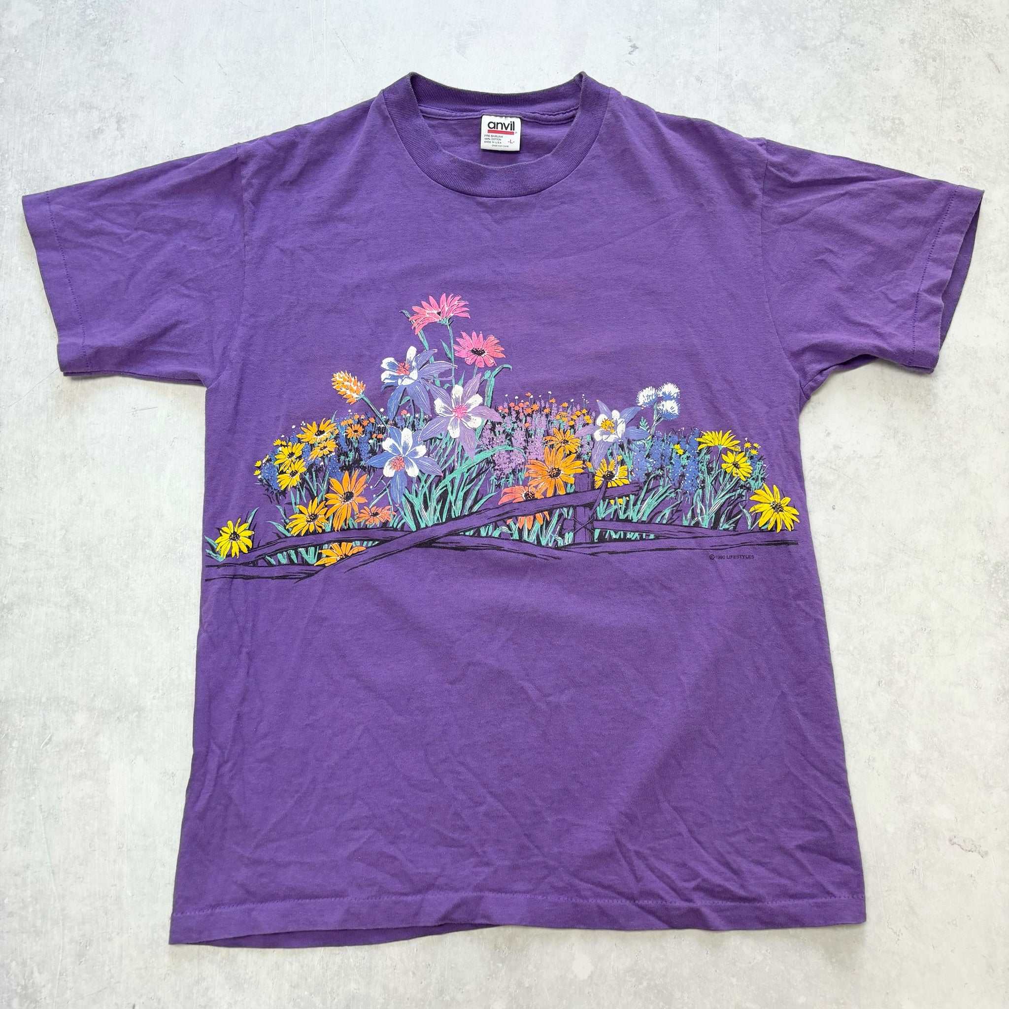 Vintage T Shirt Mens Medium Purple Single Stitch Graphic Print 90s Flowers