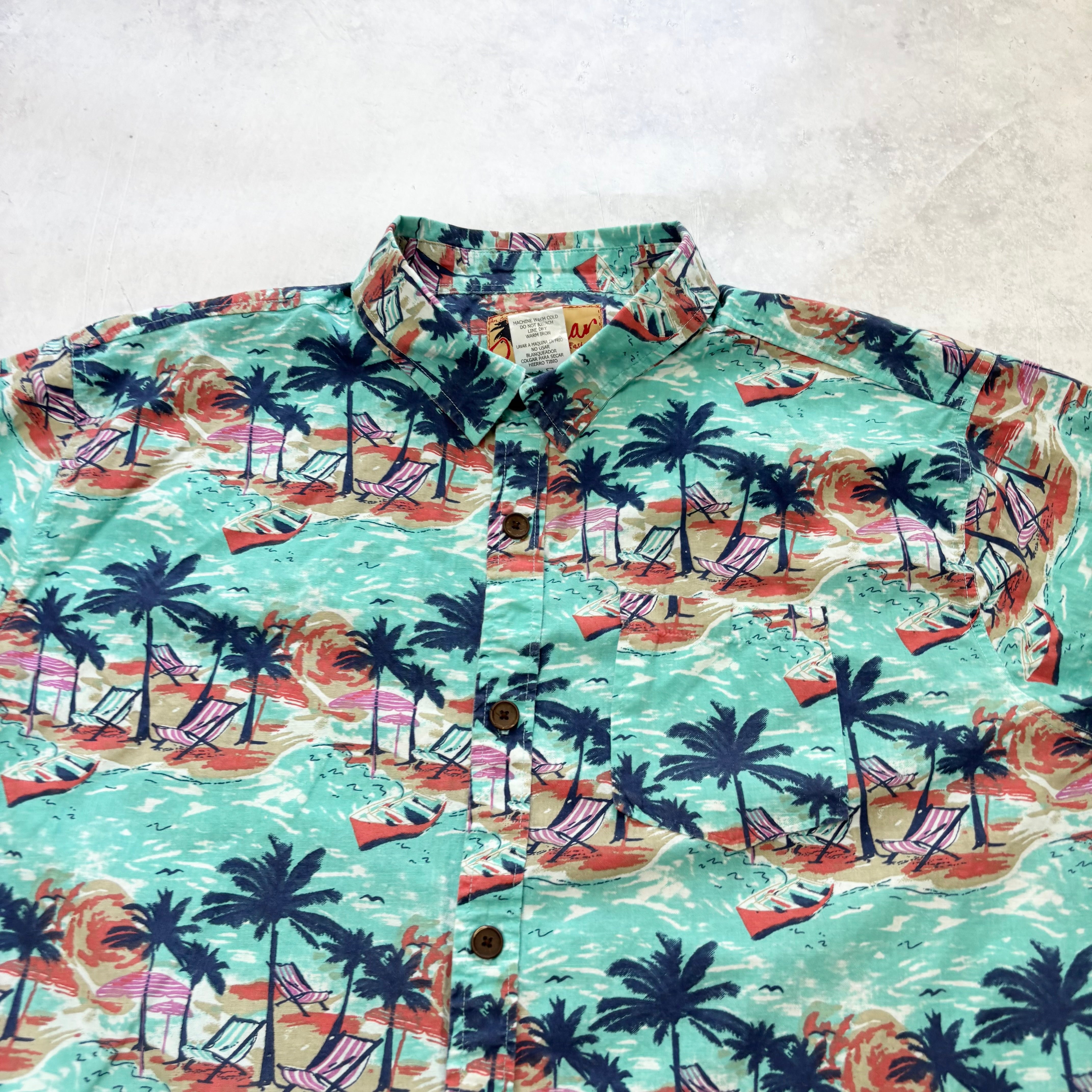 Hawaiian Shirt Mens Large Blue Floral Aloha Short Sleeve Cotton (E)