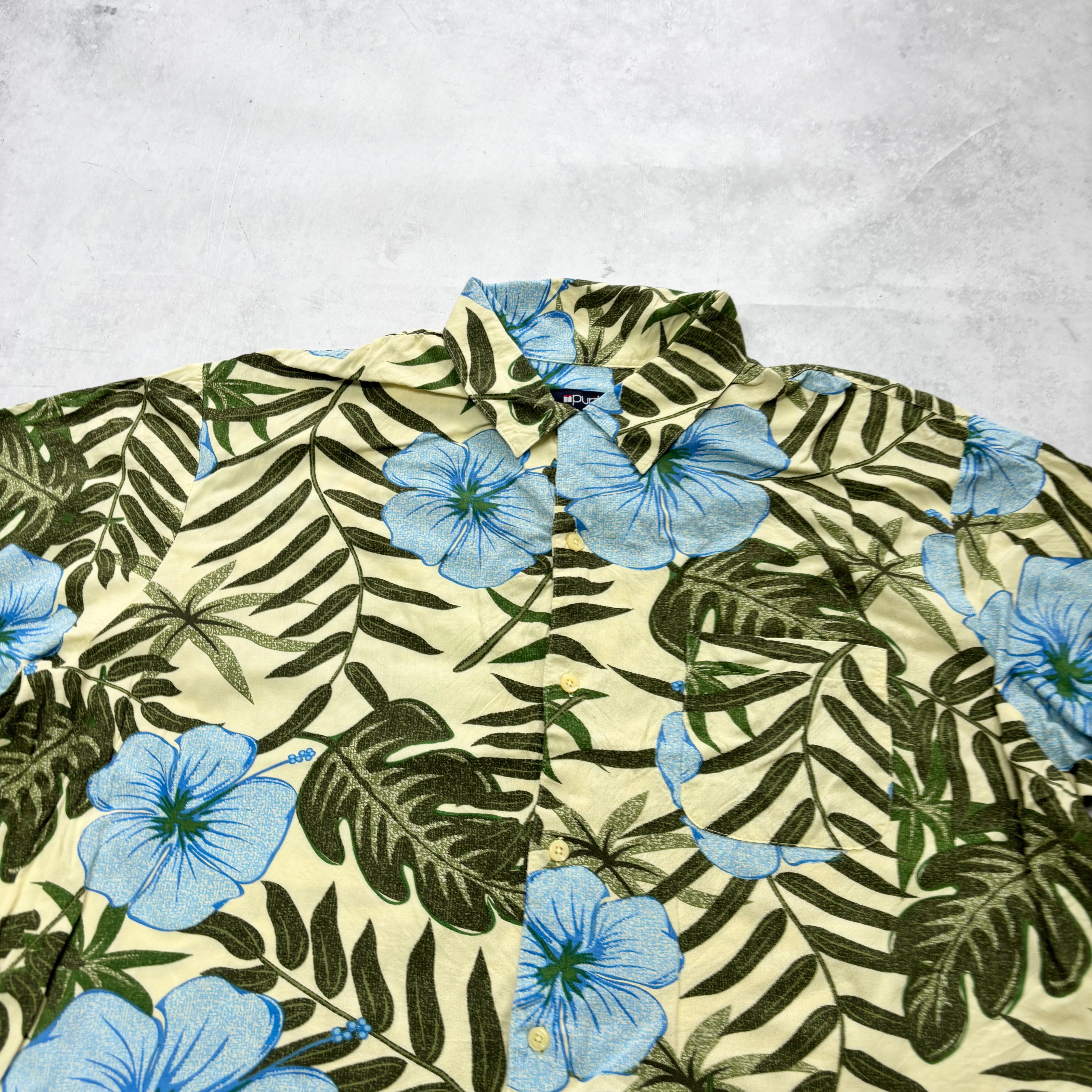 Vintage Hawaiian Shirt Mens XXL Blue Yellow Floral Aloha Short Sleeve Rayon (E)