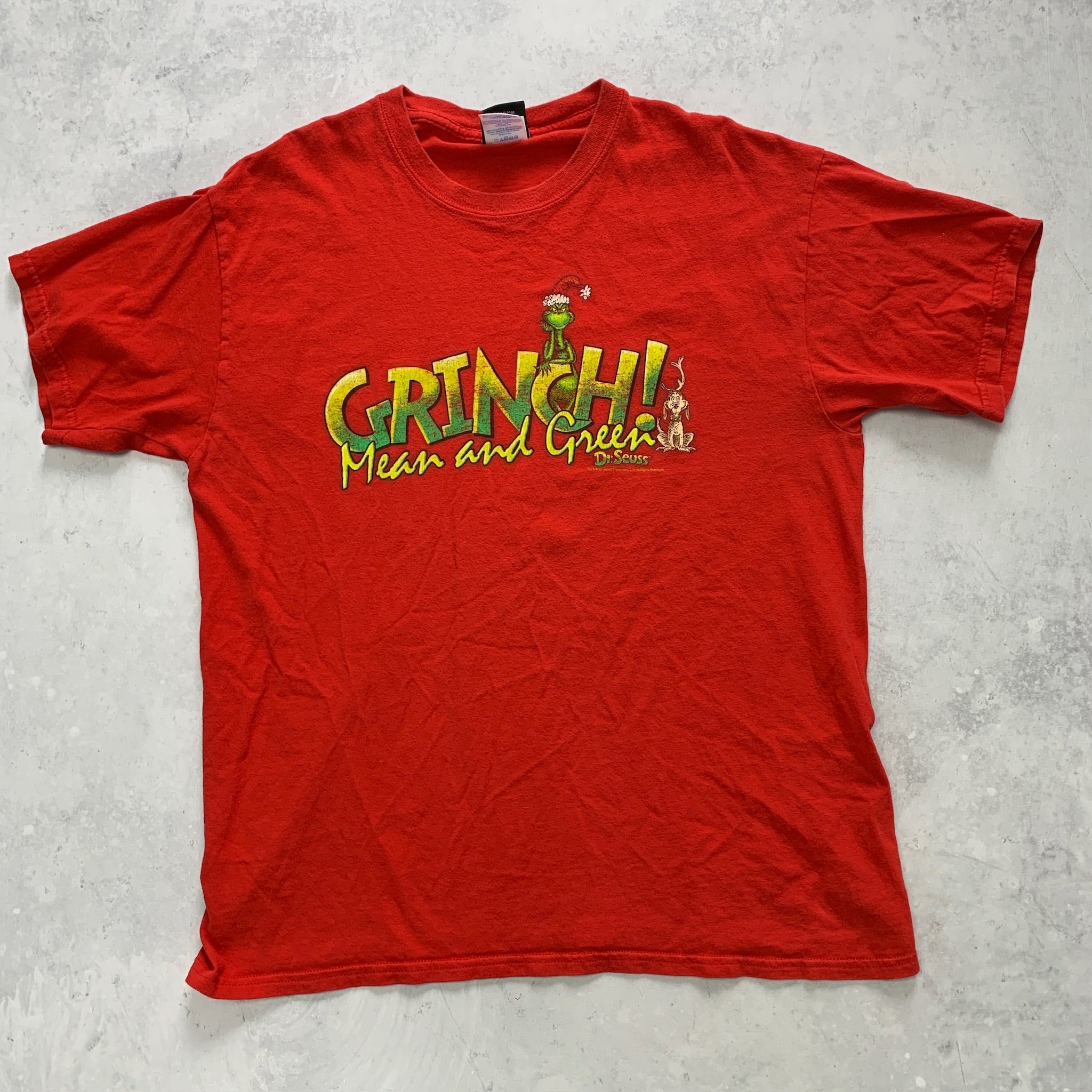 Vintage T Shirt Mens Large Red Graphic Print Y2K Grinch Dr Seuss Cartoon