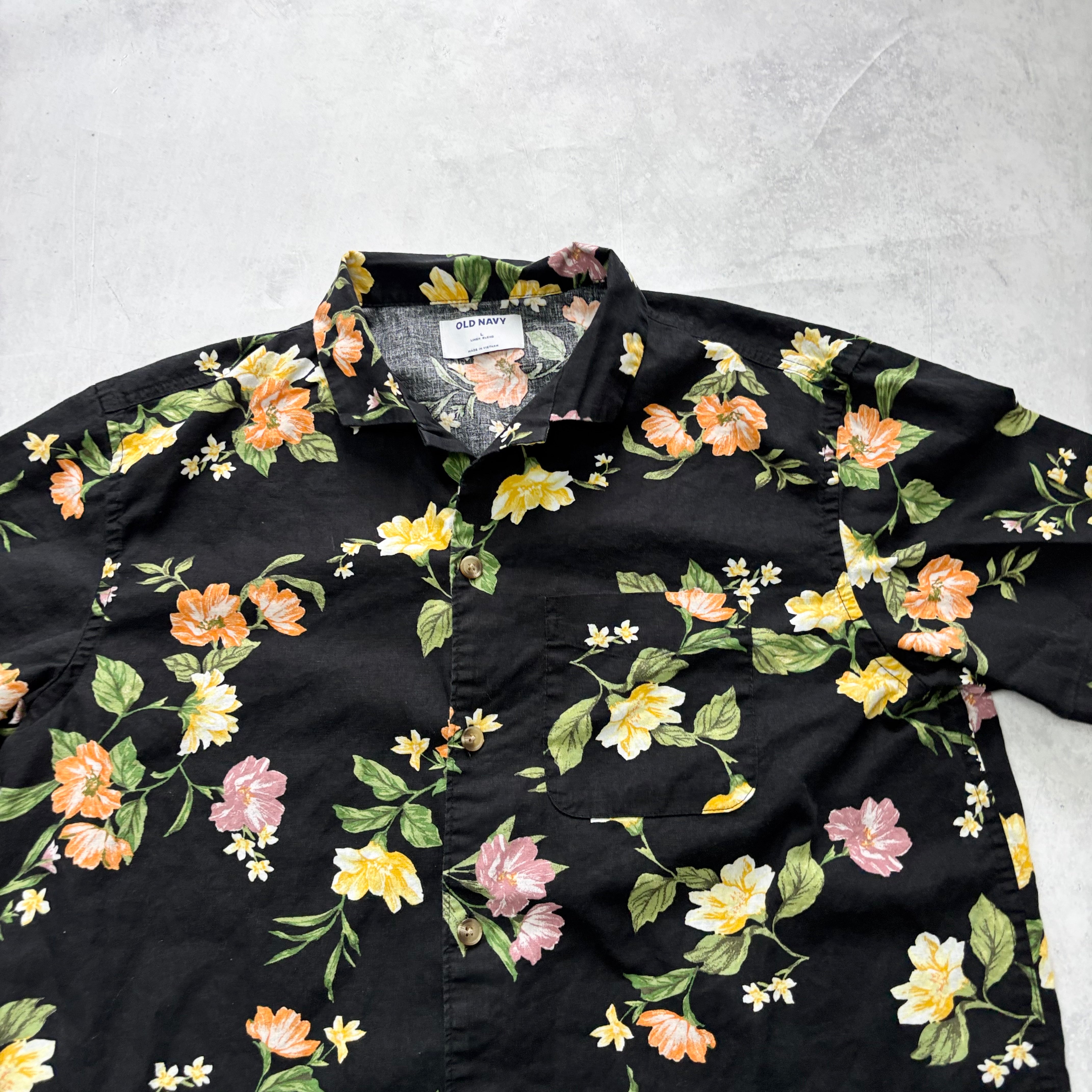 Old Navy Hawaiian Shirt Mens Large Black Floral Aloha Short Sleeve Linen (E)