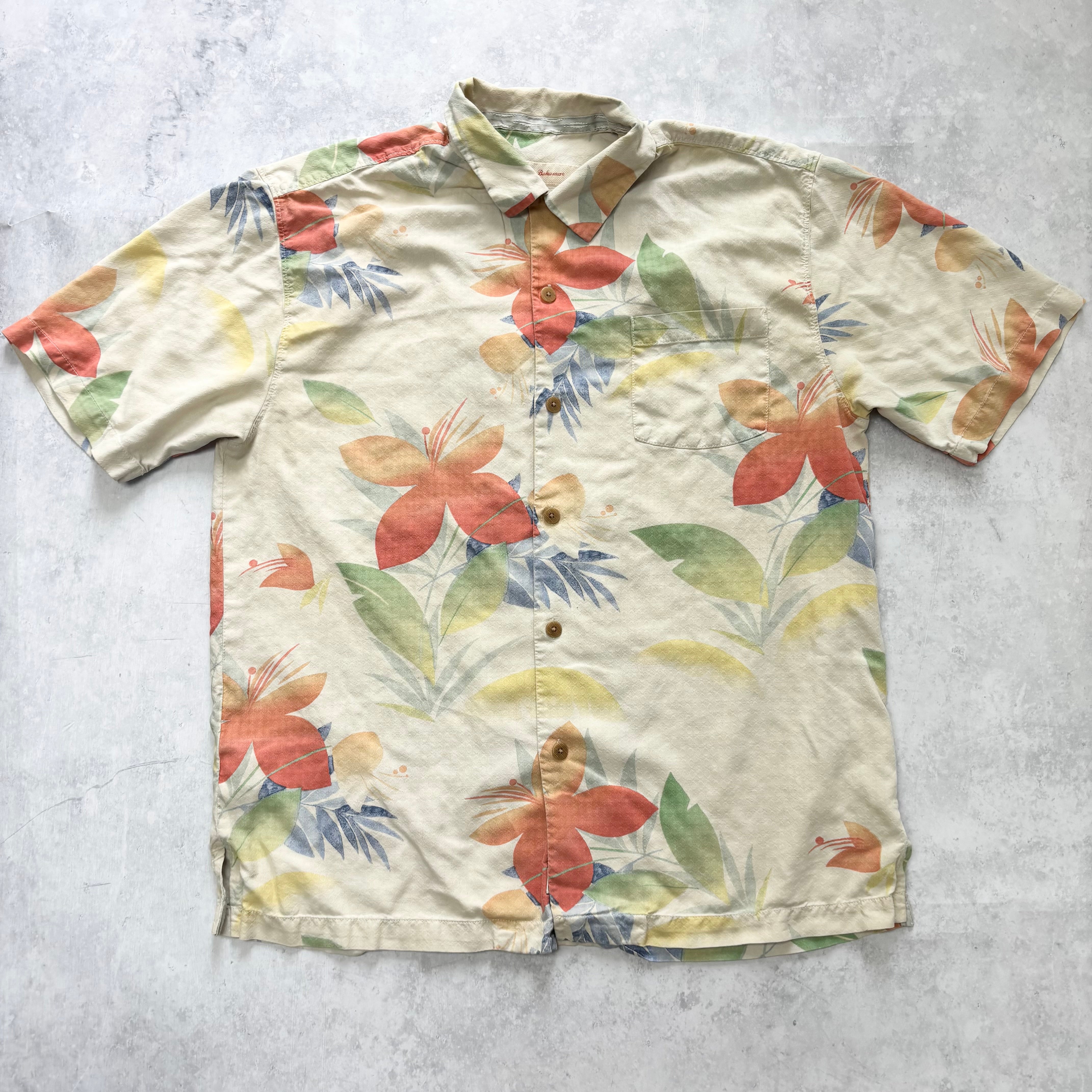 Vintage Hawaiian Shirt Mens Large Beige Floral Aloha Tommy Bahama Silk (E)