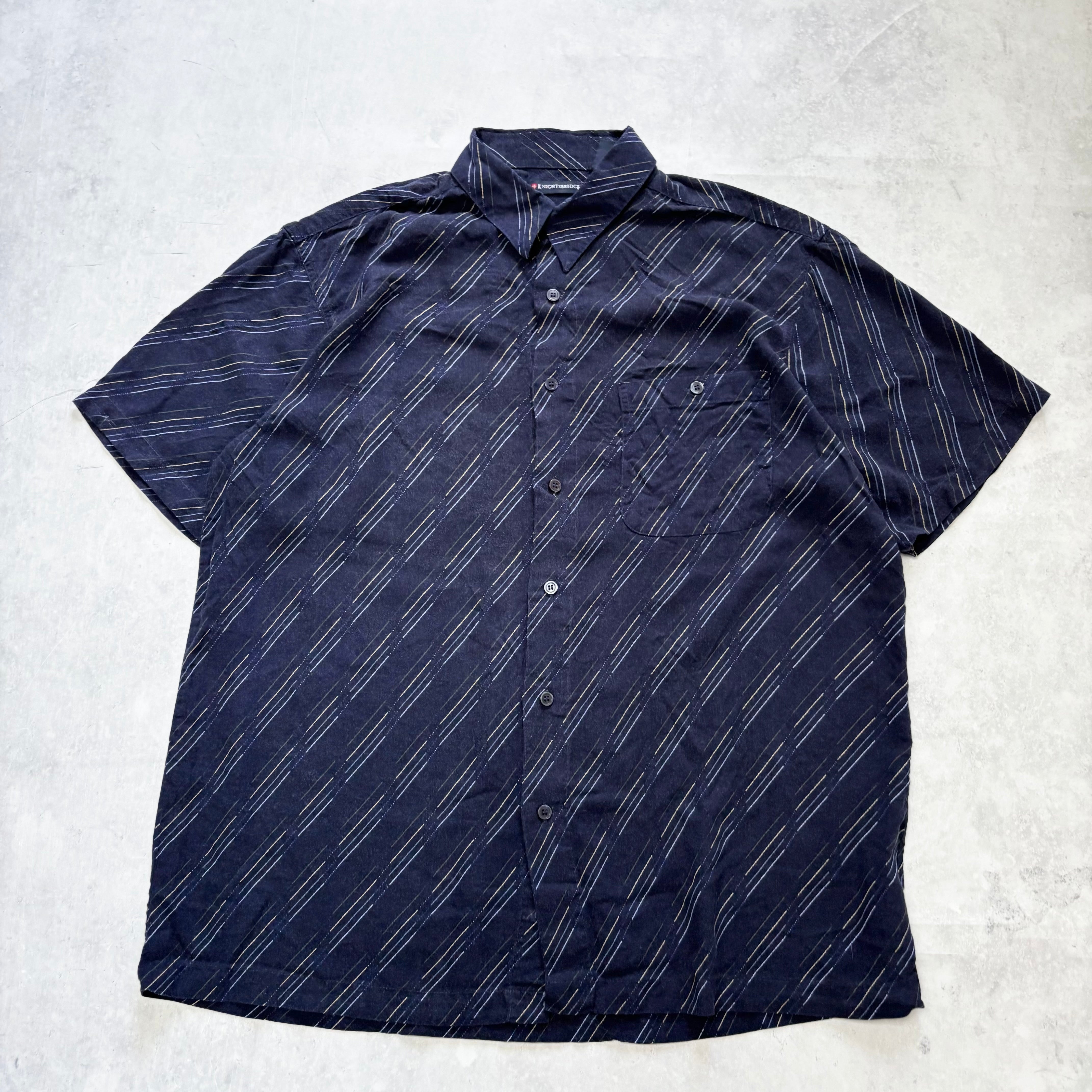 Vintage Shirt Mens Large Navy Blue Striped Short Sleeve Rayon