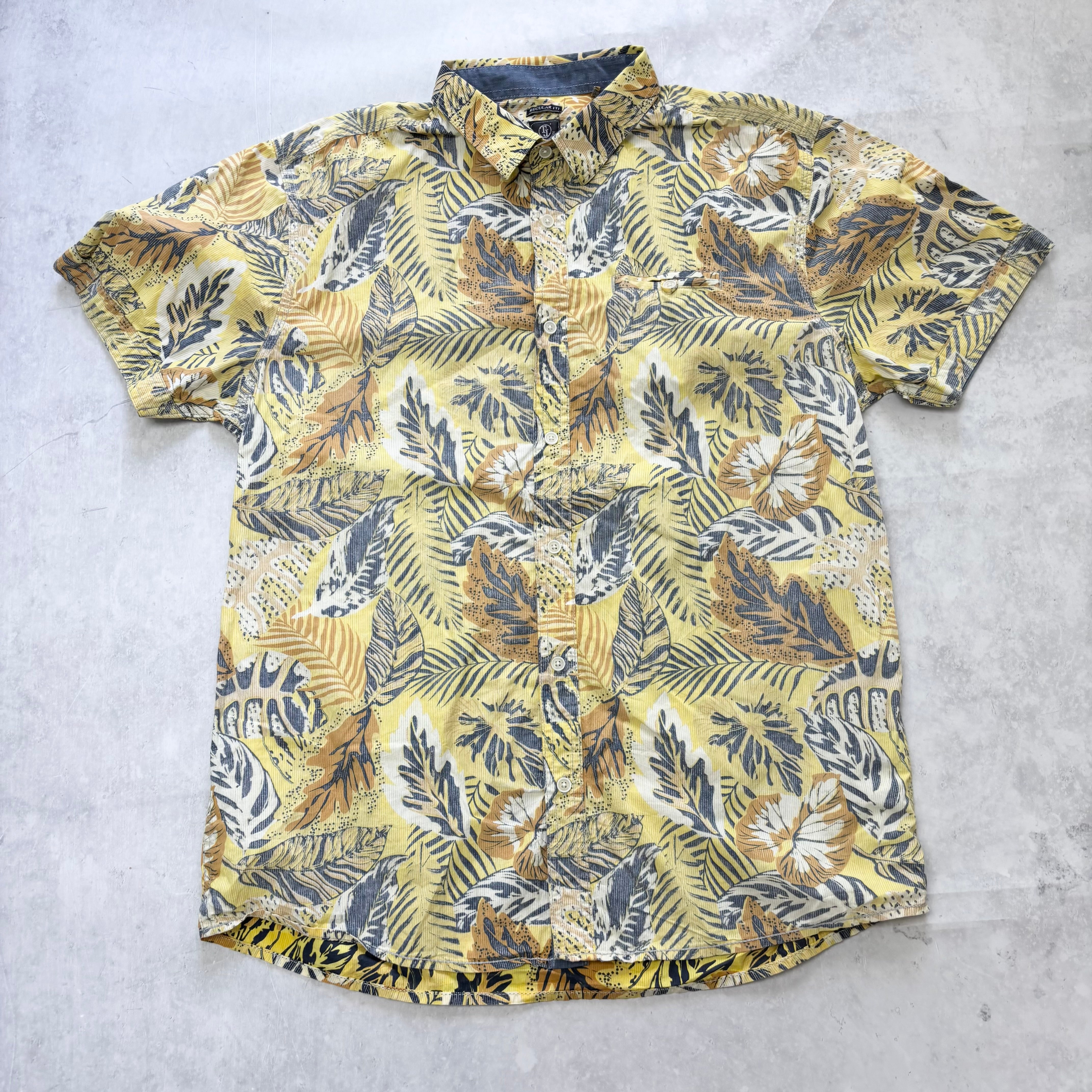 Hawaiian Shirt Mens XL Yellow Floral Aloha Short Sleeve Cotton Slim Fit (E)