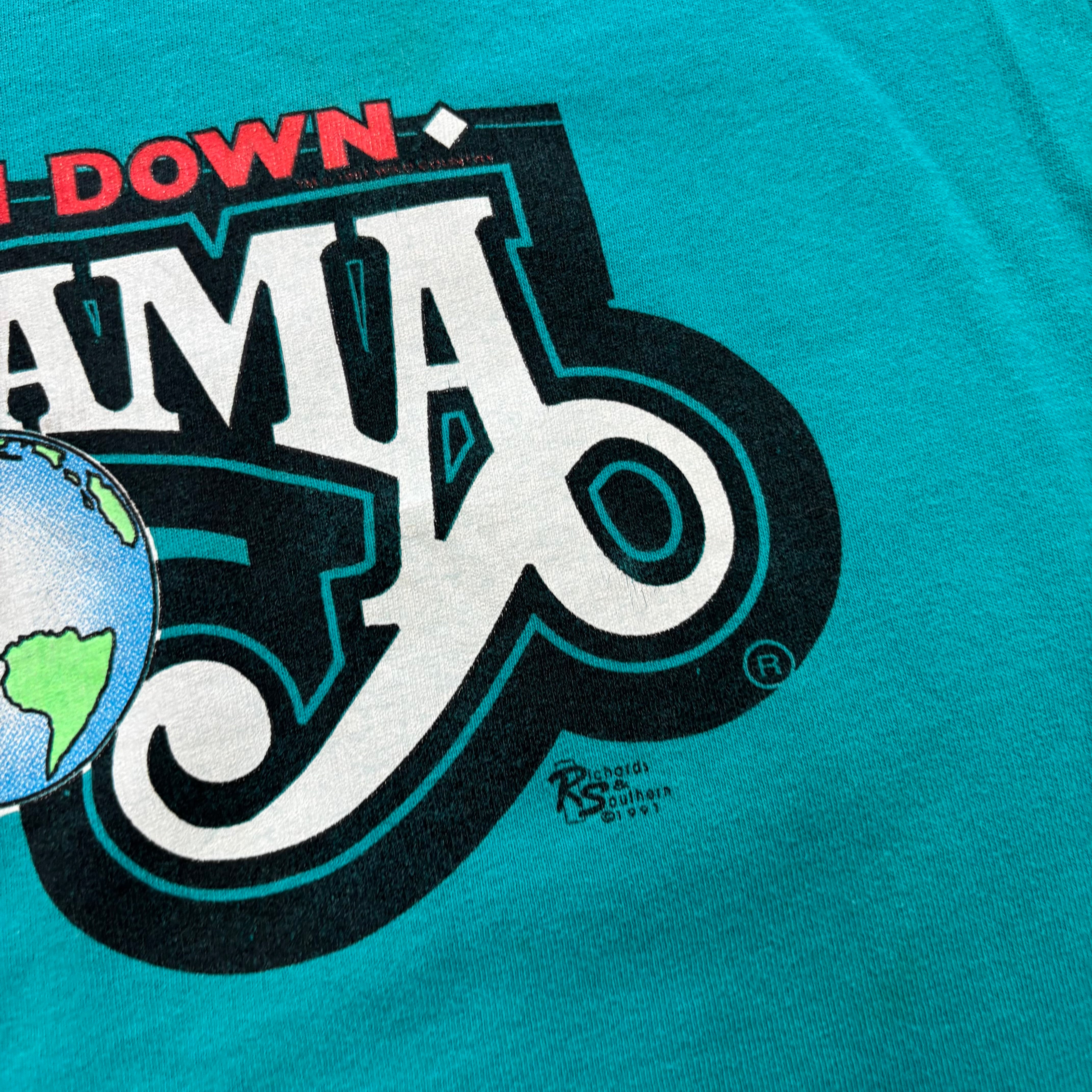 Vintage T Shirt Mens Medium Turquoise Blue Single Stitch Graphic Print 90s (E)