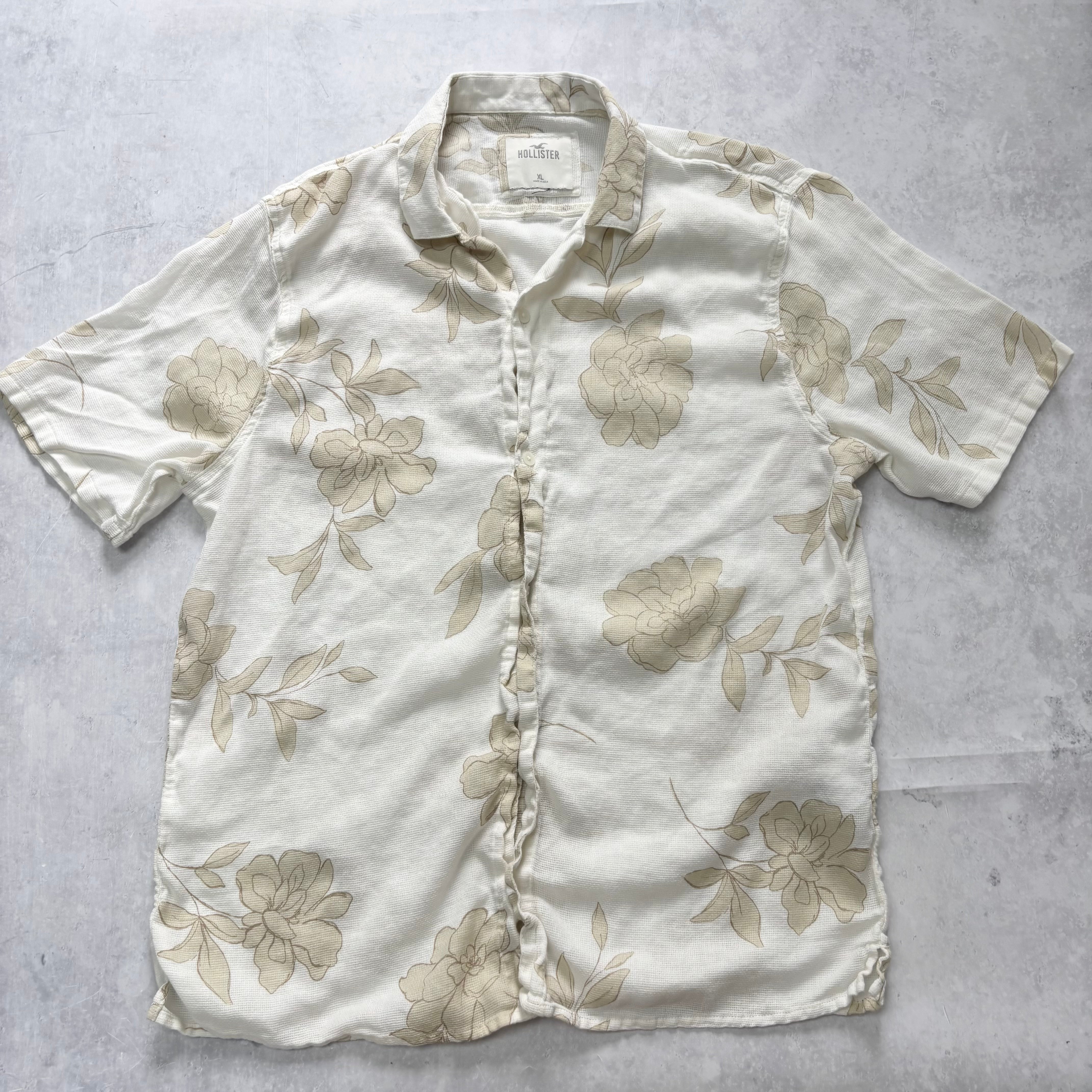 Hollister Hawaiian Shirt Mens Large White Aloha Short Sleeve Cotton Linen Blend