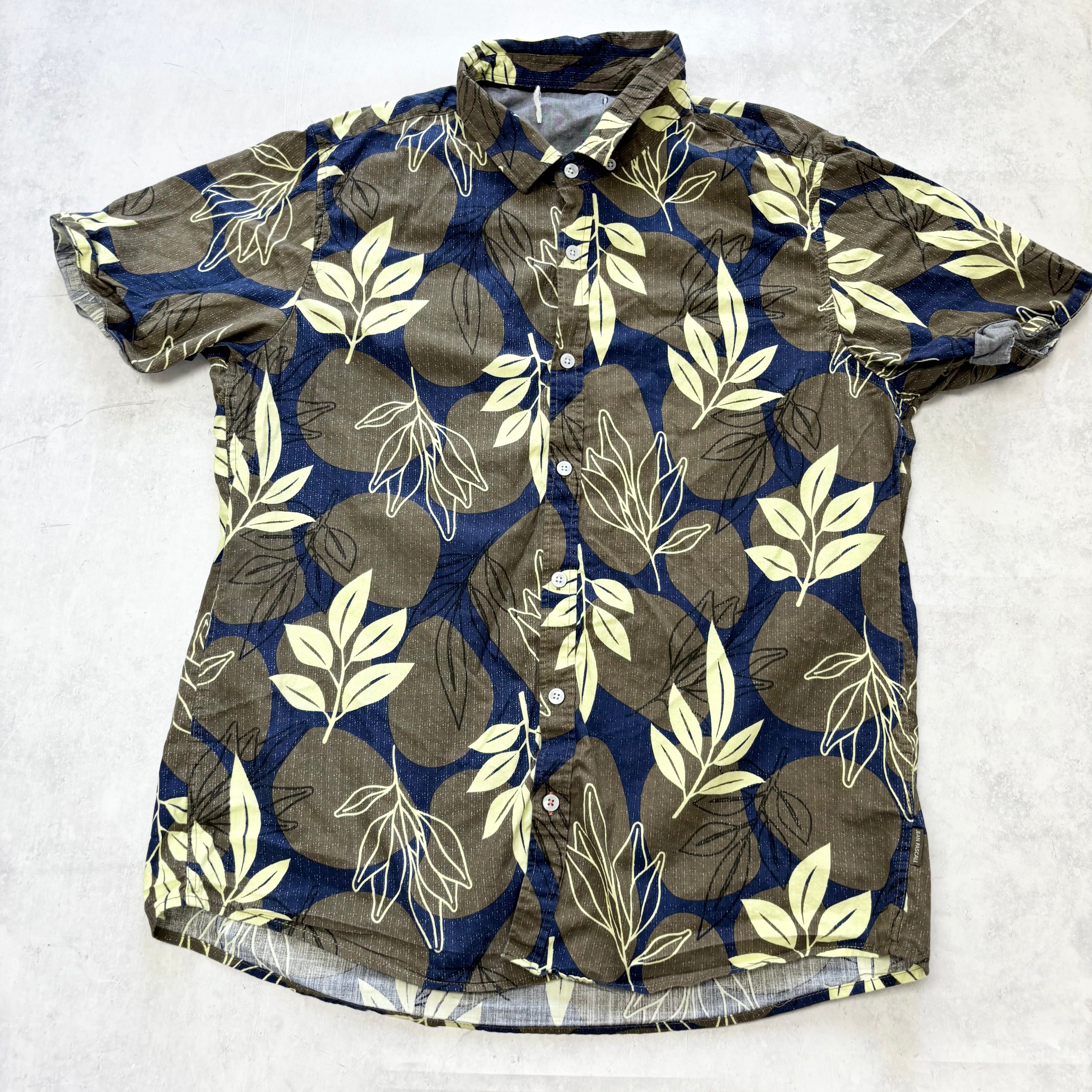Hawaiian Shirt Mens Medium Brown Floral Aloha Short Sleeve Cotton Slim Fit (E)