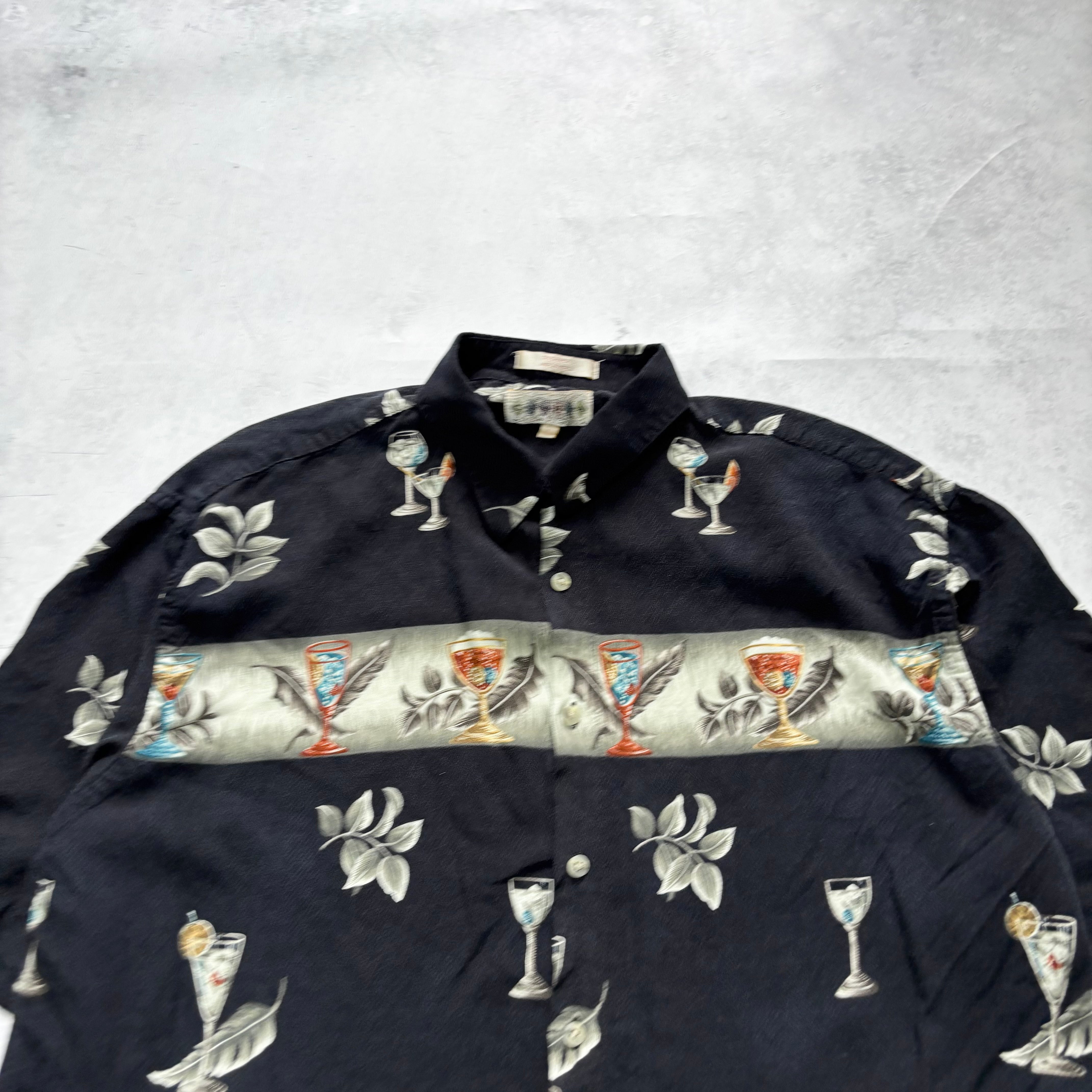 Vintage Hawaiian Shirt Mens Large Black Floral Aloha Short Sleeve Rayon