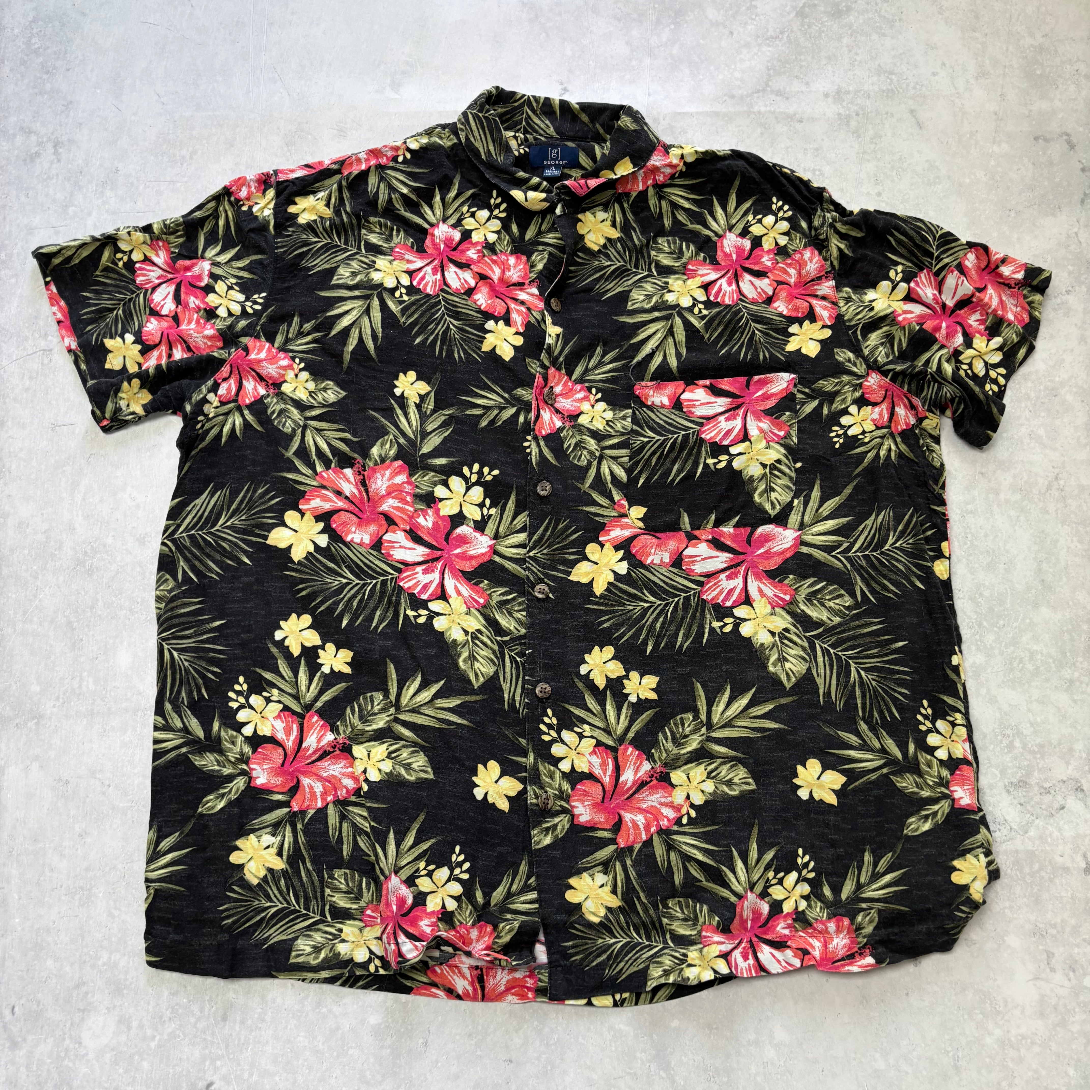 George Hawaiian Shirt Mens XL Black Rayon Floral Aloha Short Sleeve (E)