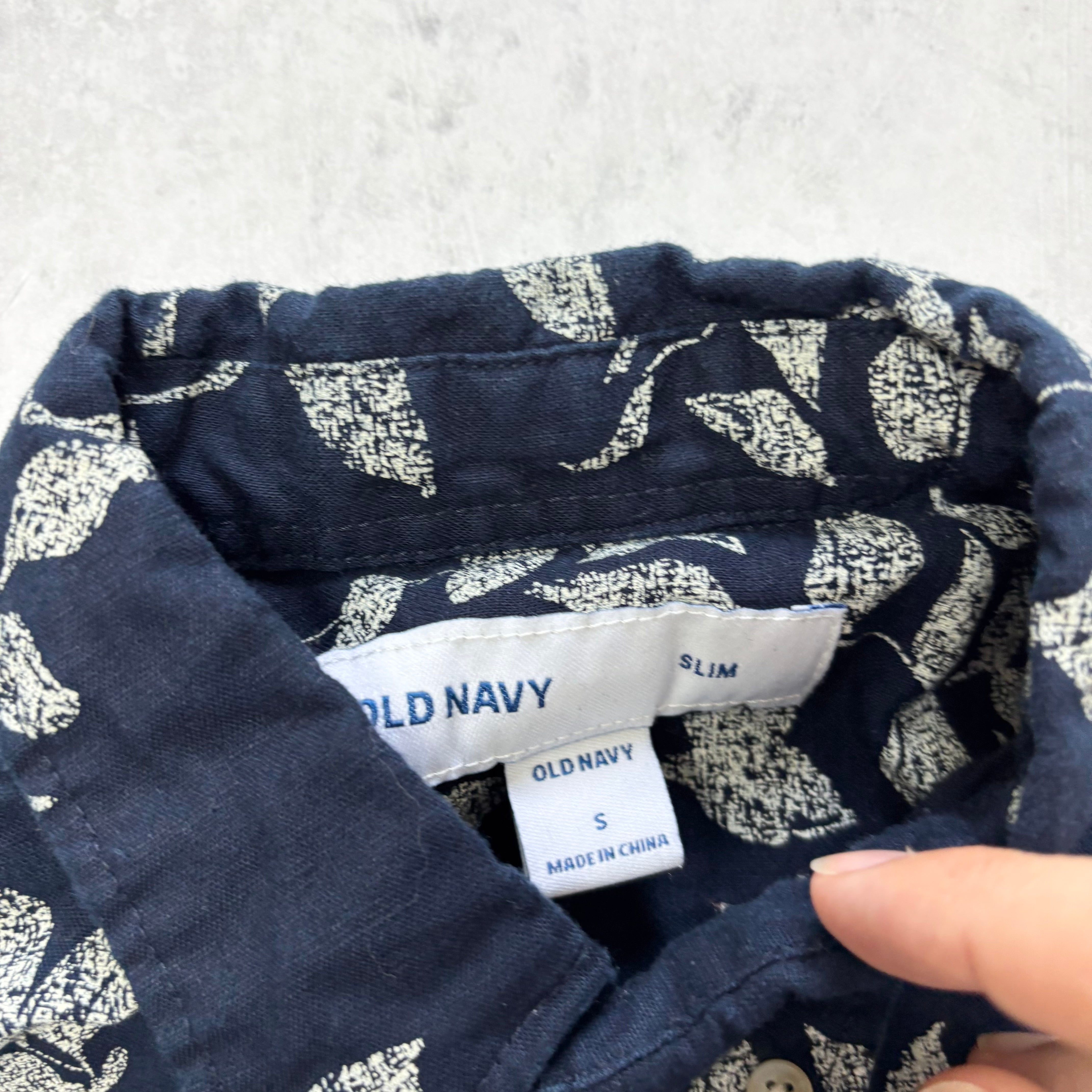 Old Navy Hawaiian Shirt Mens Small Navy Short Sleeve Slim Fit Linen (E)