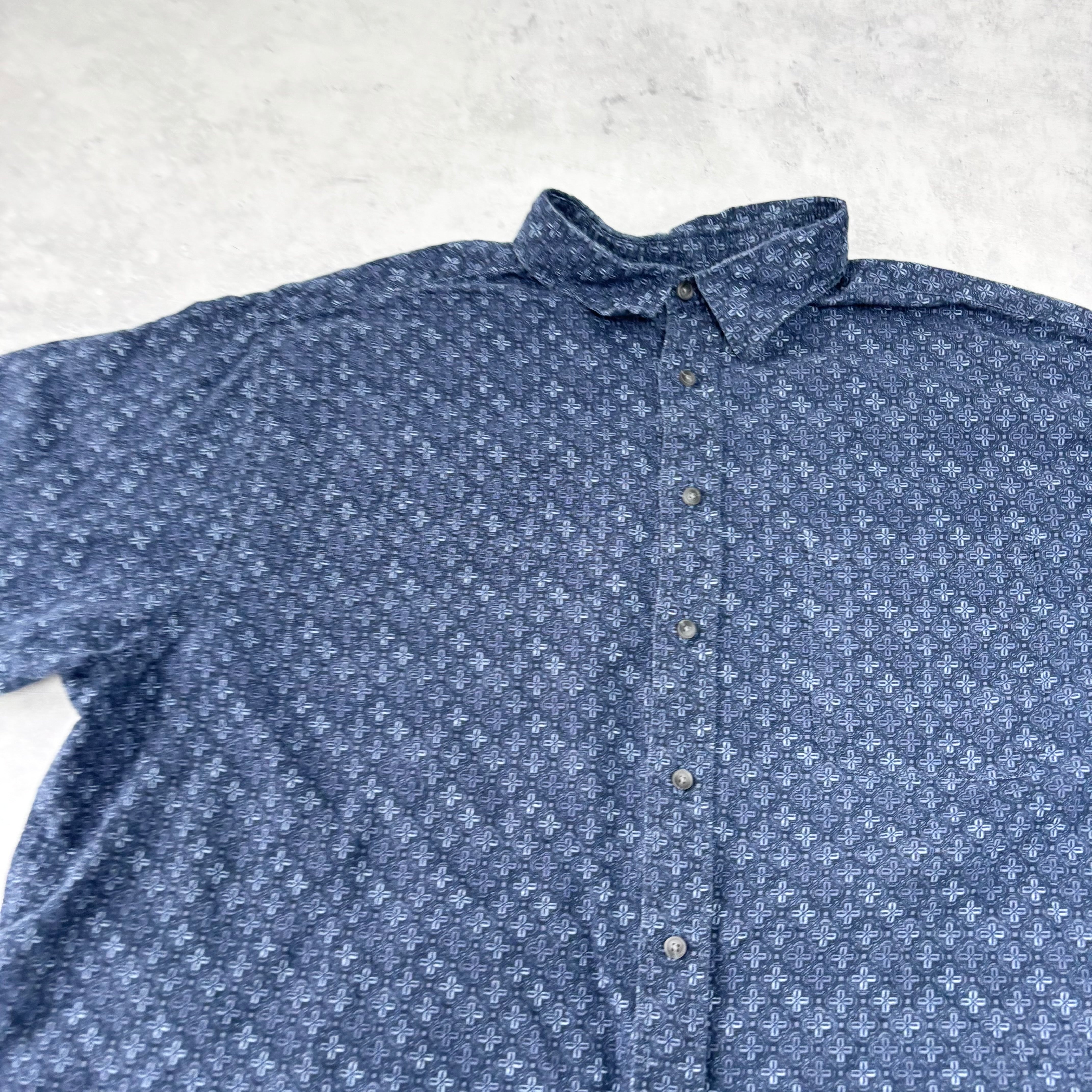 Vintage Shirt Mens XXL Navy Blue Short Sleeve Linen Blend Pattern (E)