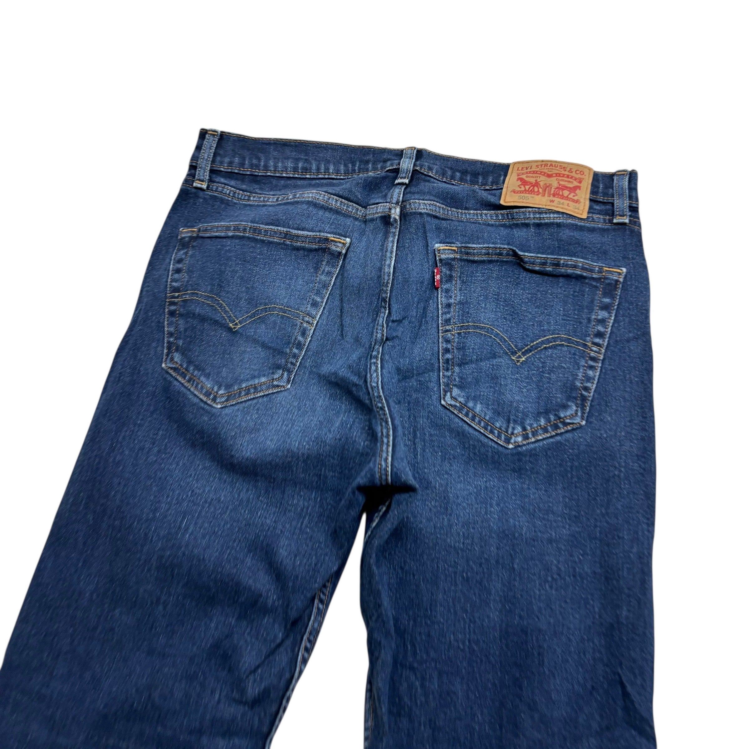 Levis 505 Jeans W34 L34 Mens Dark Blue Regular Straight Fit Stretch Denim (E)