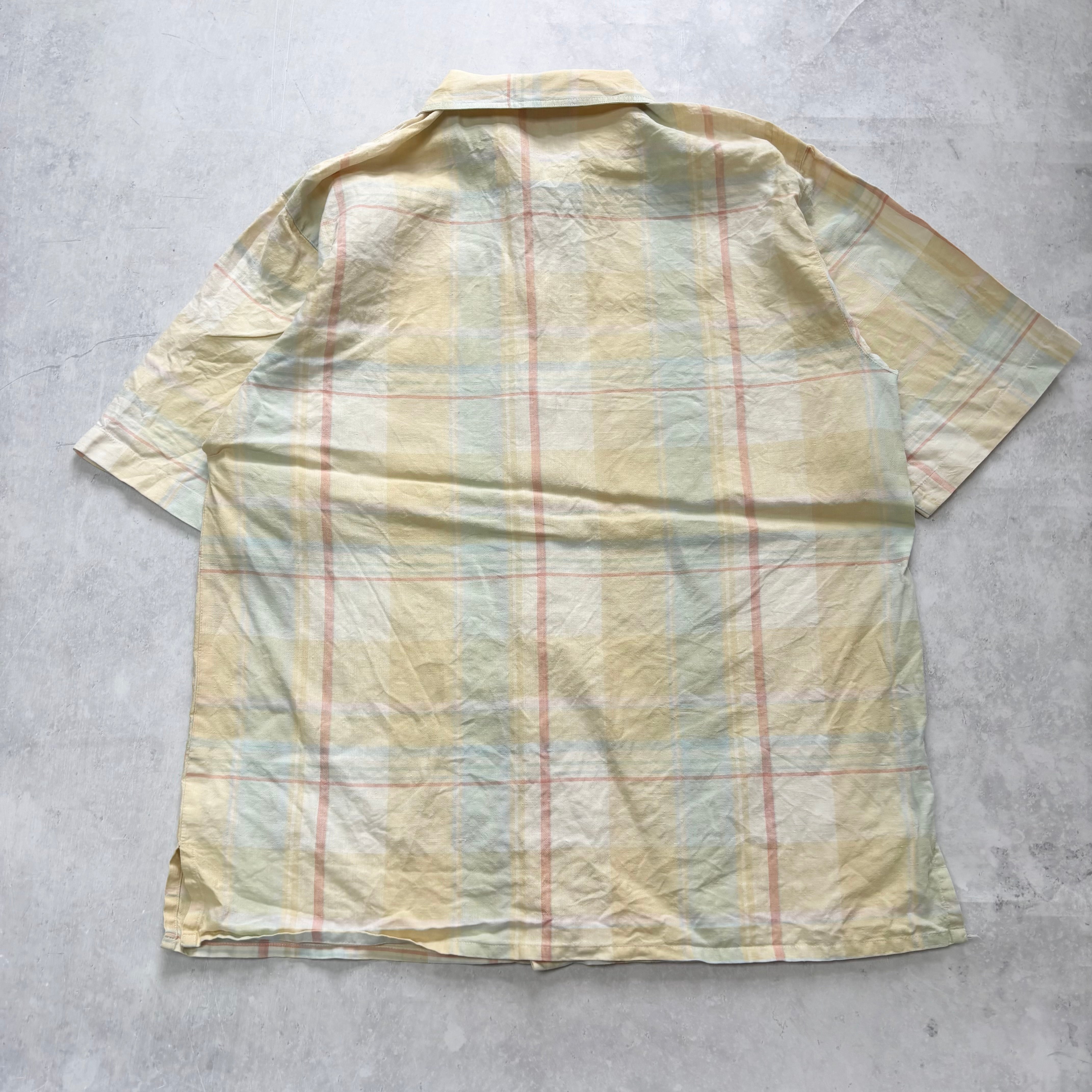 Vintage Check Shirt Mens Large Yellow Linen Short Sleeve (E)