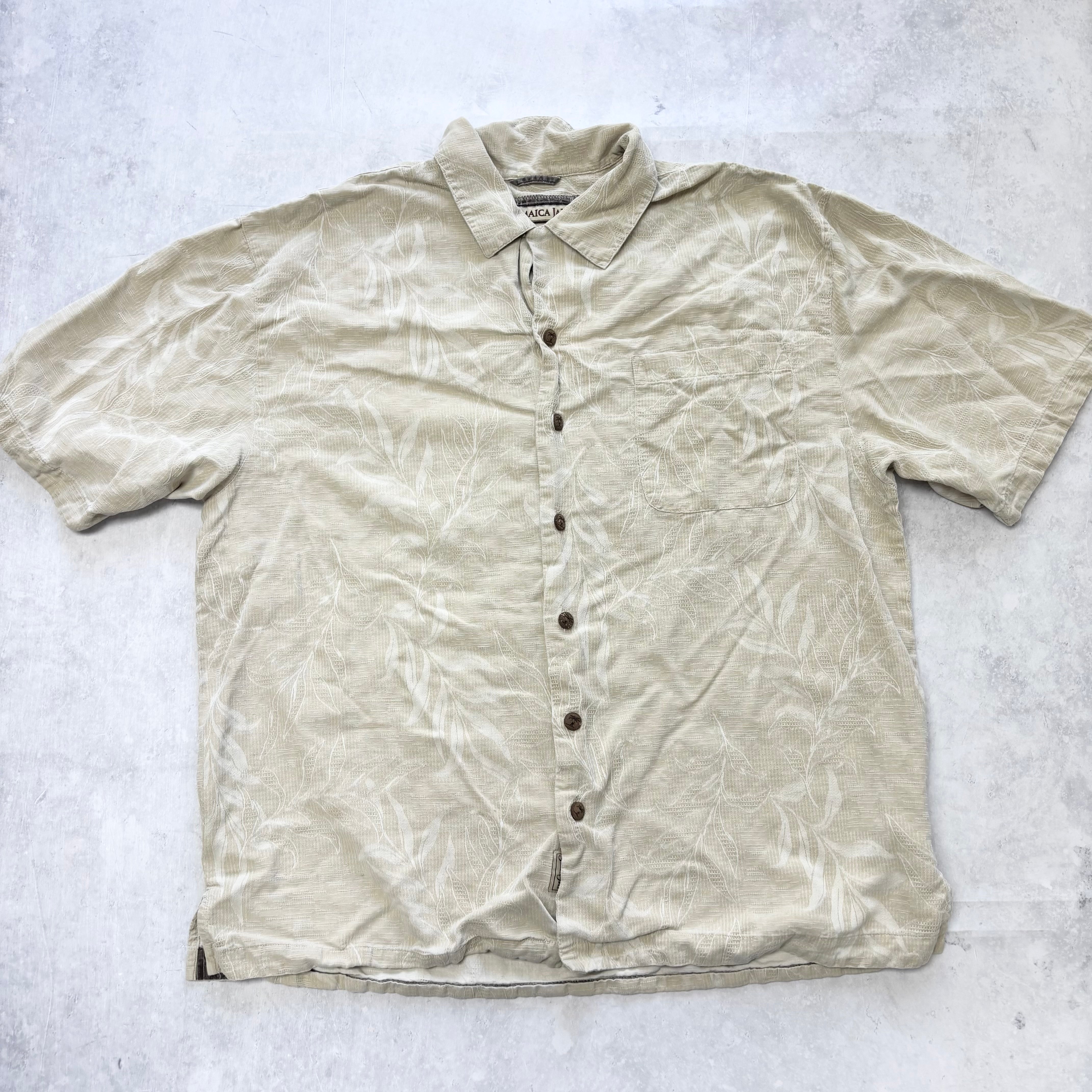 Vintage Hawaiian Shirt Mens Large Beige Silk Floral Aloha Short Sleeve (E)