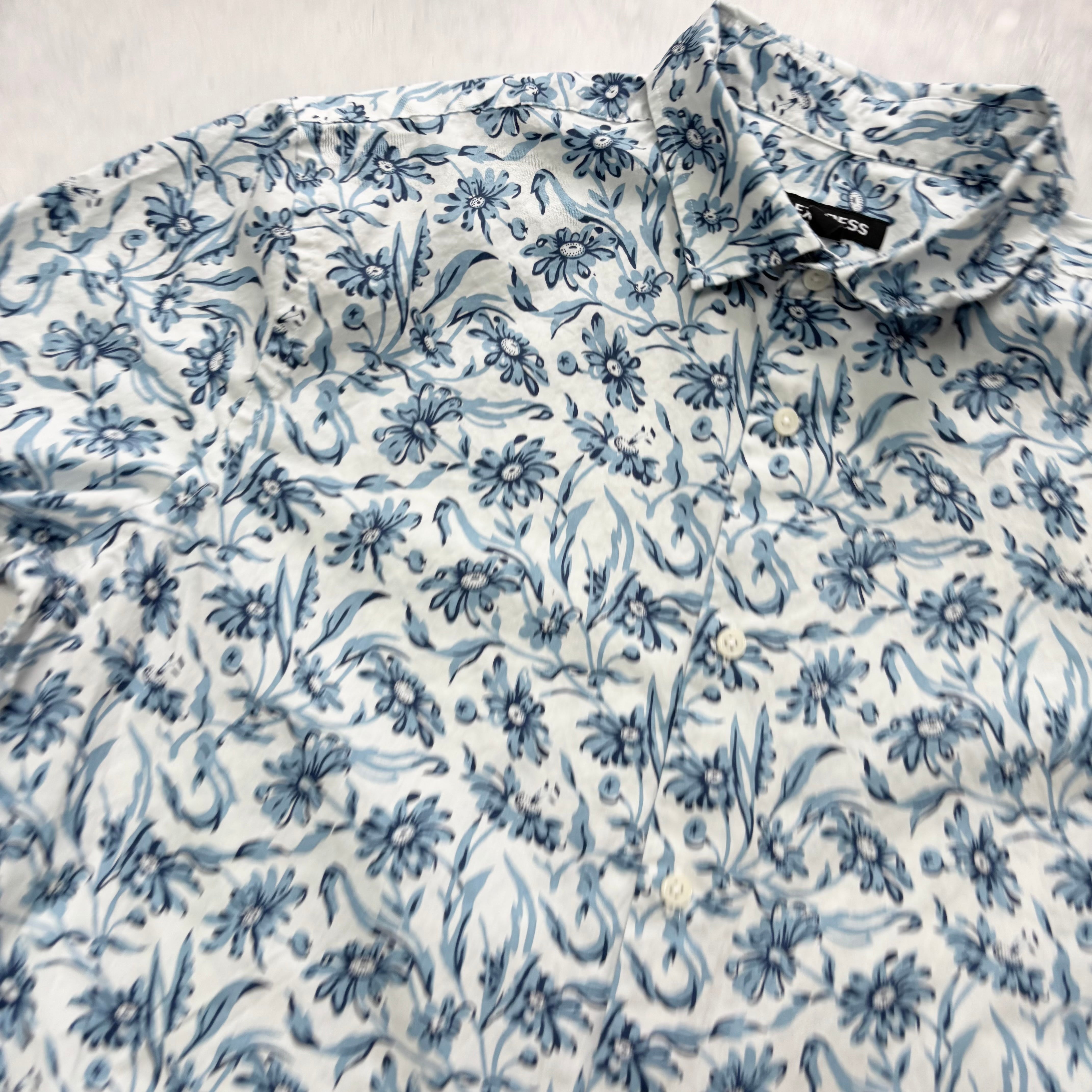 Hawaiian Shirt Mens Large Blue Floral Aloha Short Sleeve Cotton Regular Fit (E)