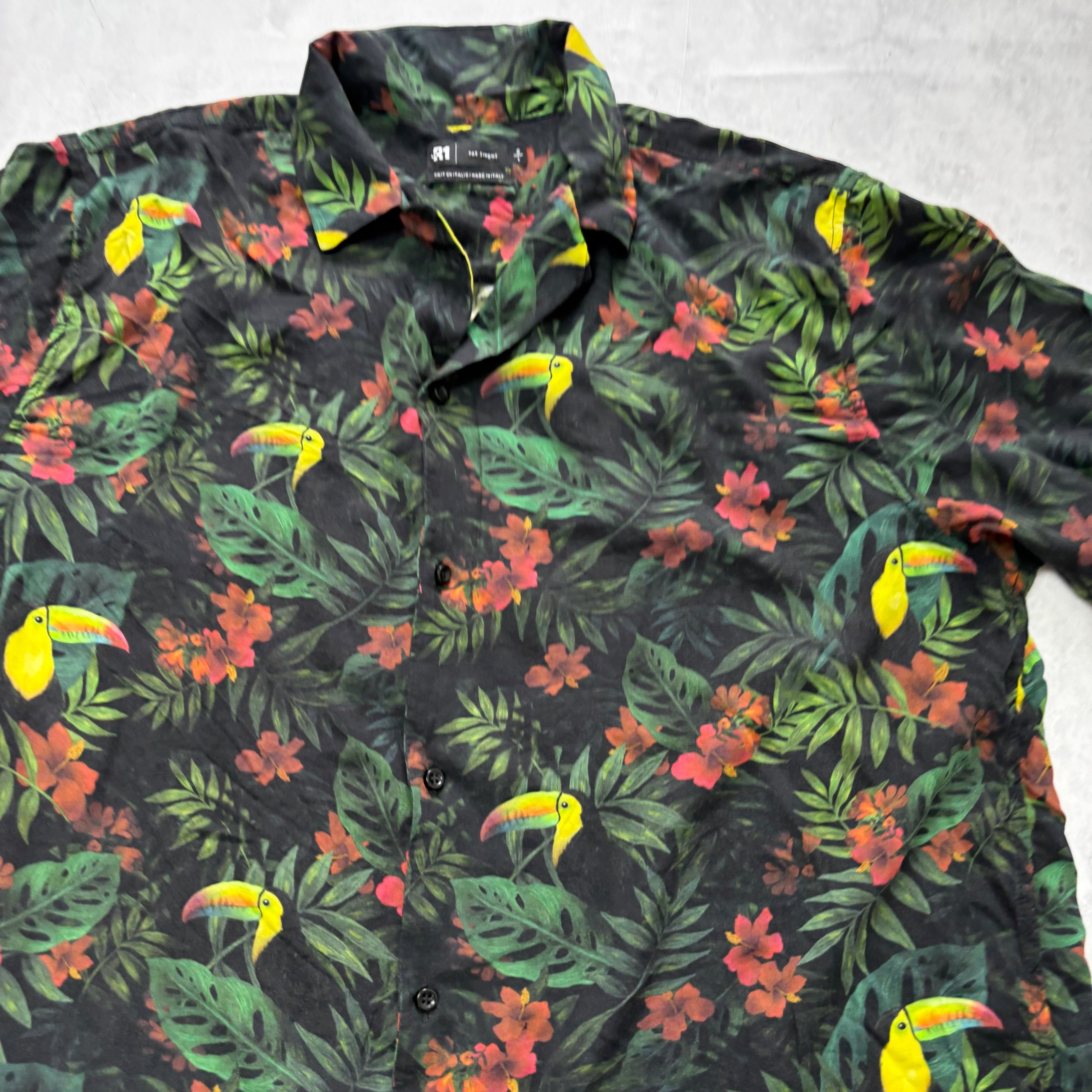 Hawaiian Shirt Mens Large Black Floral Aloha Short Sleeve Viscose (E)