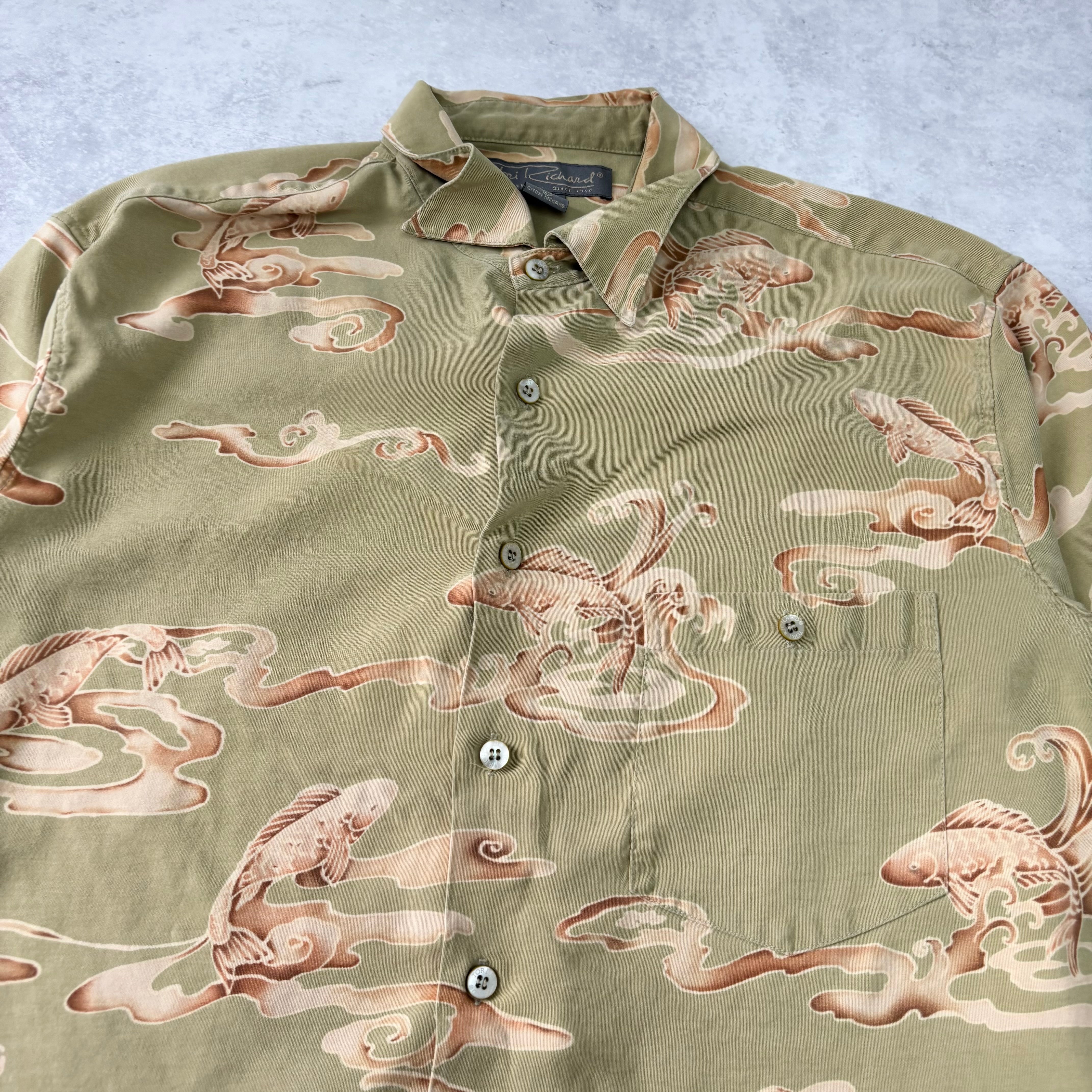Vintage Hawaiian Shirt Mens Large Green Fish Aloha Short Sleeve Silk (E)