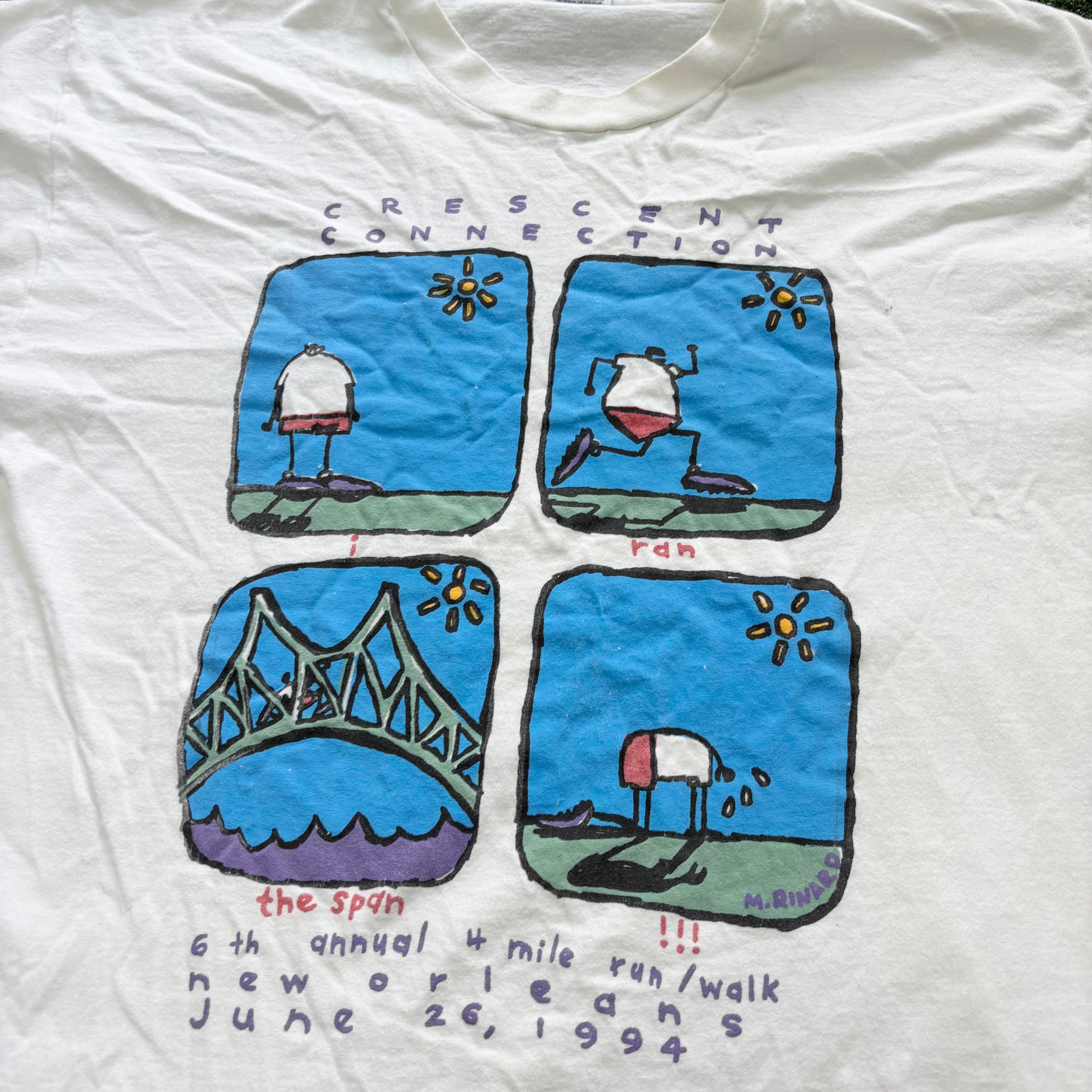 Vintage T Shirt Mens Large White Single Stitch Graphic Print 90s USA Run (E)