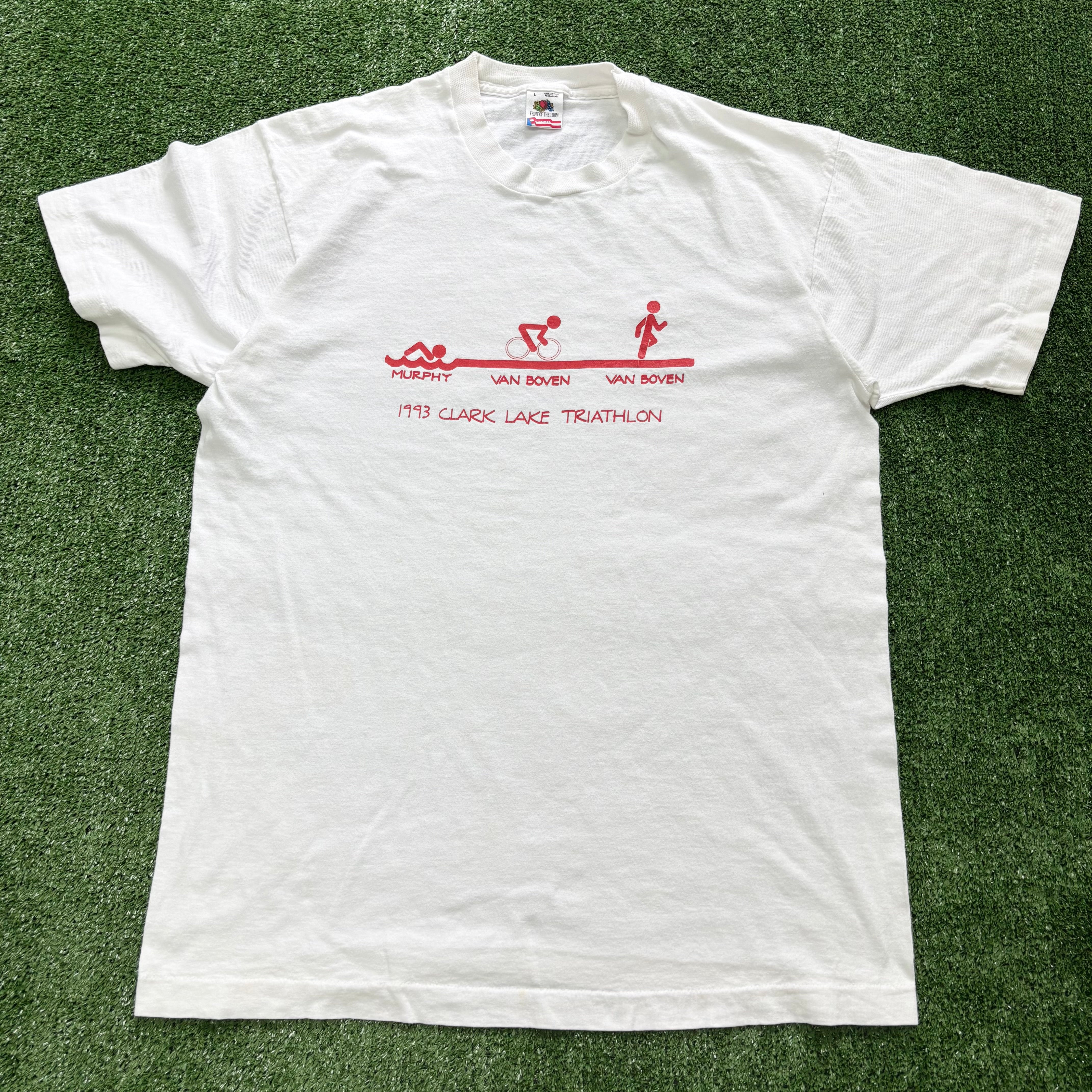 Vintage T Shirt Mens Large White Single Stitch Graphic Print 90s Triathlon (E)