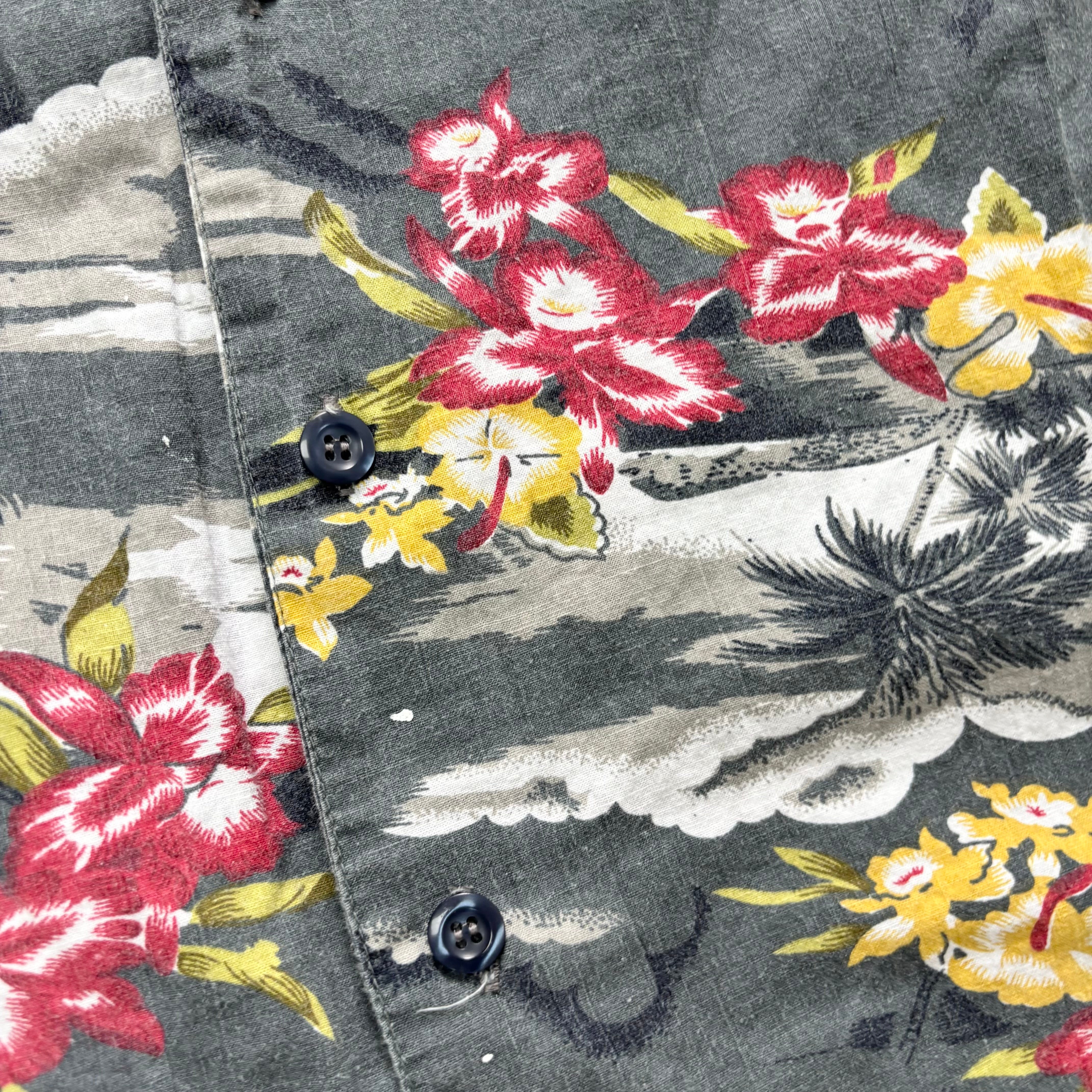 Vintage Hawaiian Shirt Mens XL Grey Floral Aloha Short Sleeve