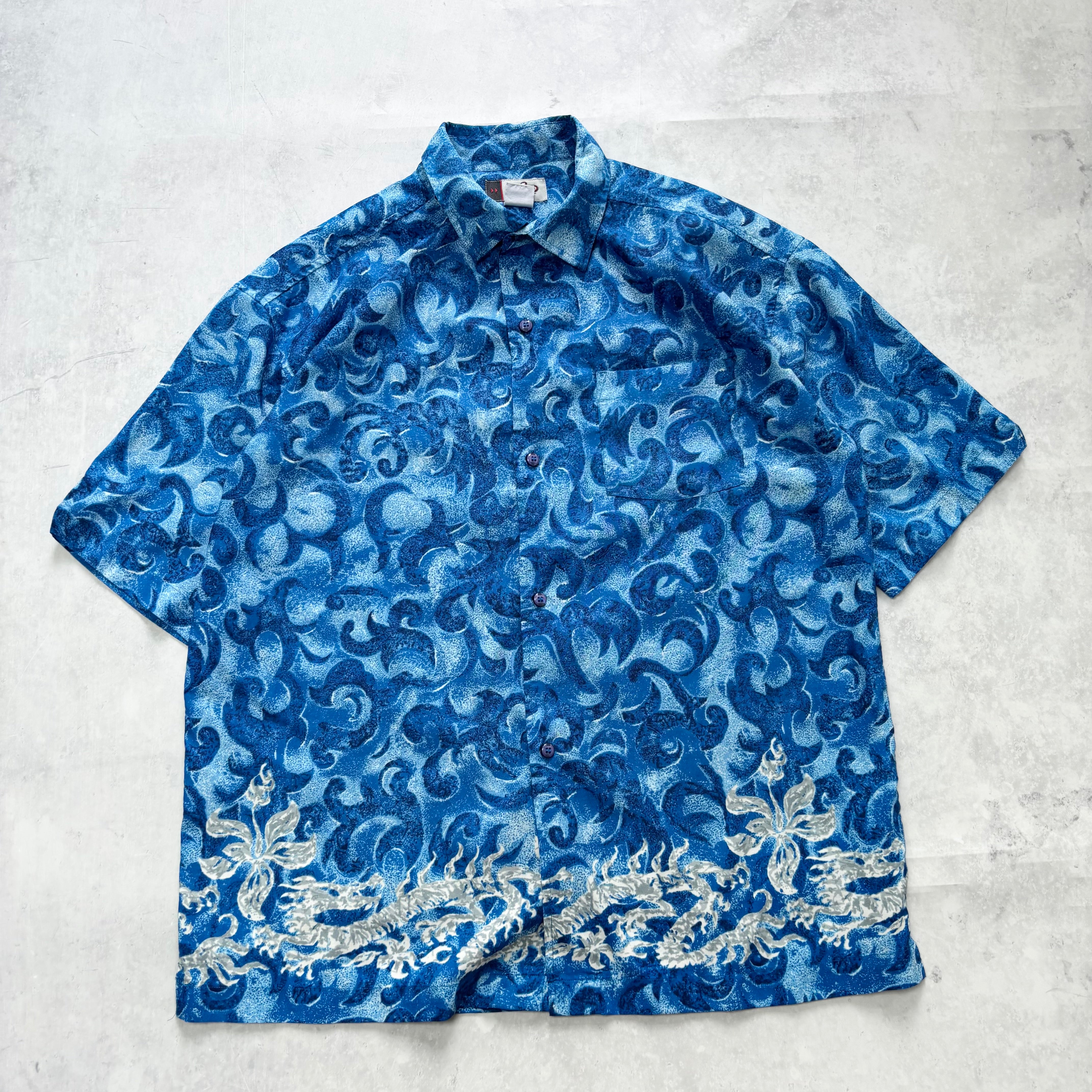 Hawaiian Shirt Mens Large Blue Floral Aloha Short Sleeve Polyester (E)
