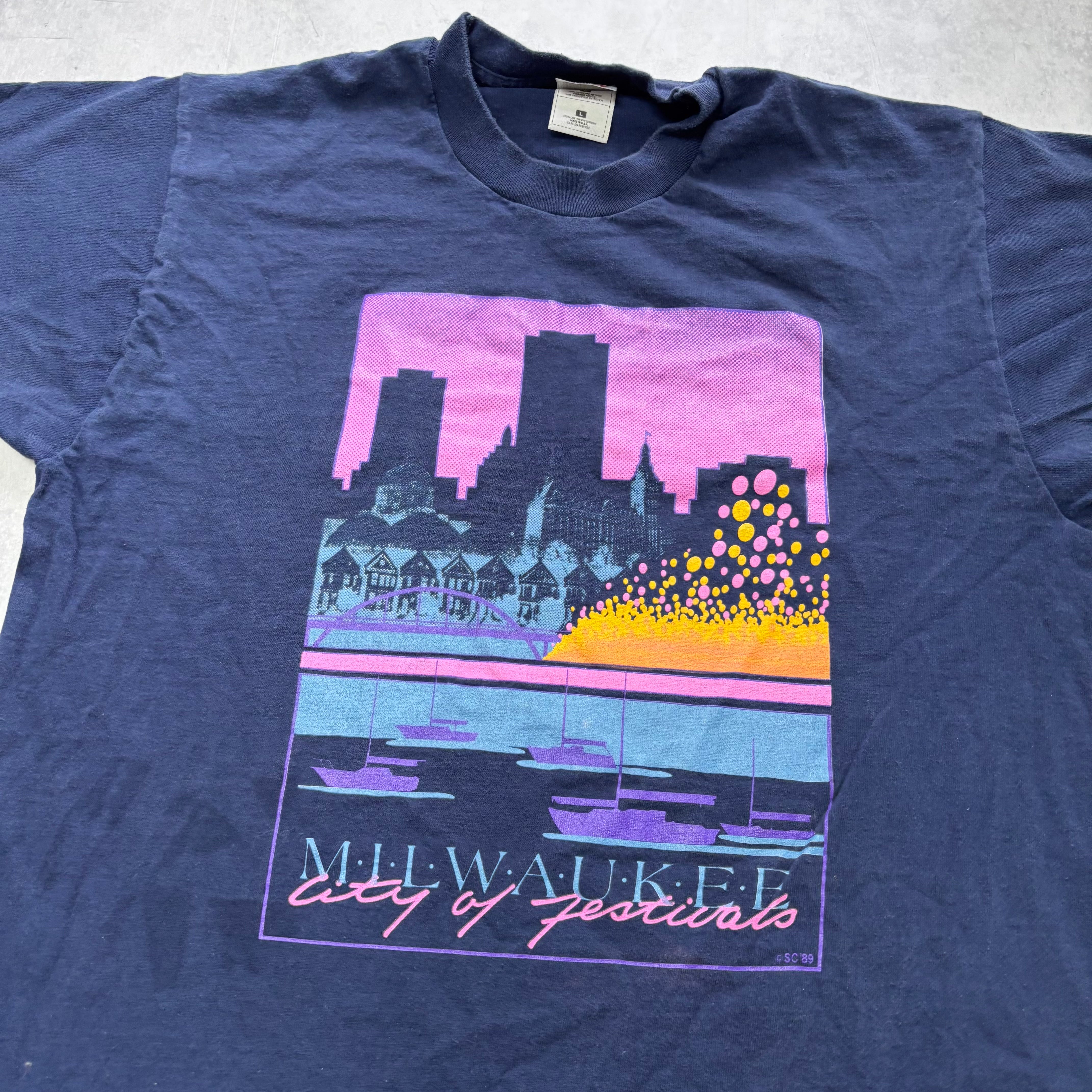 Vintage T Shirt Mens Large Navy Blue Single Stitch Graphic Print 90s USA Tourist (F)