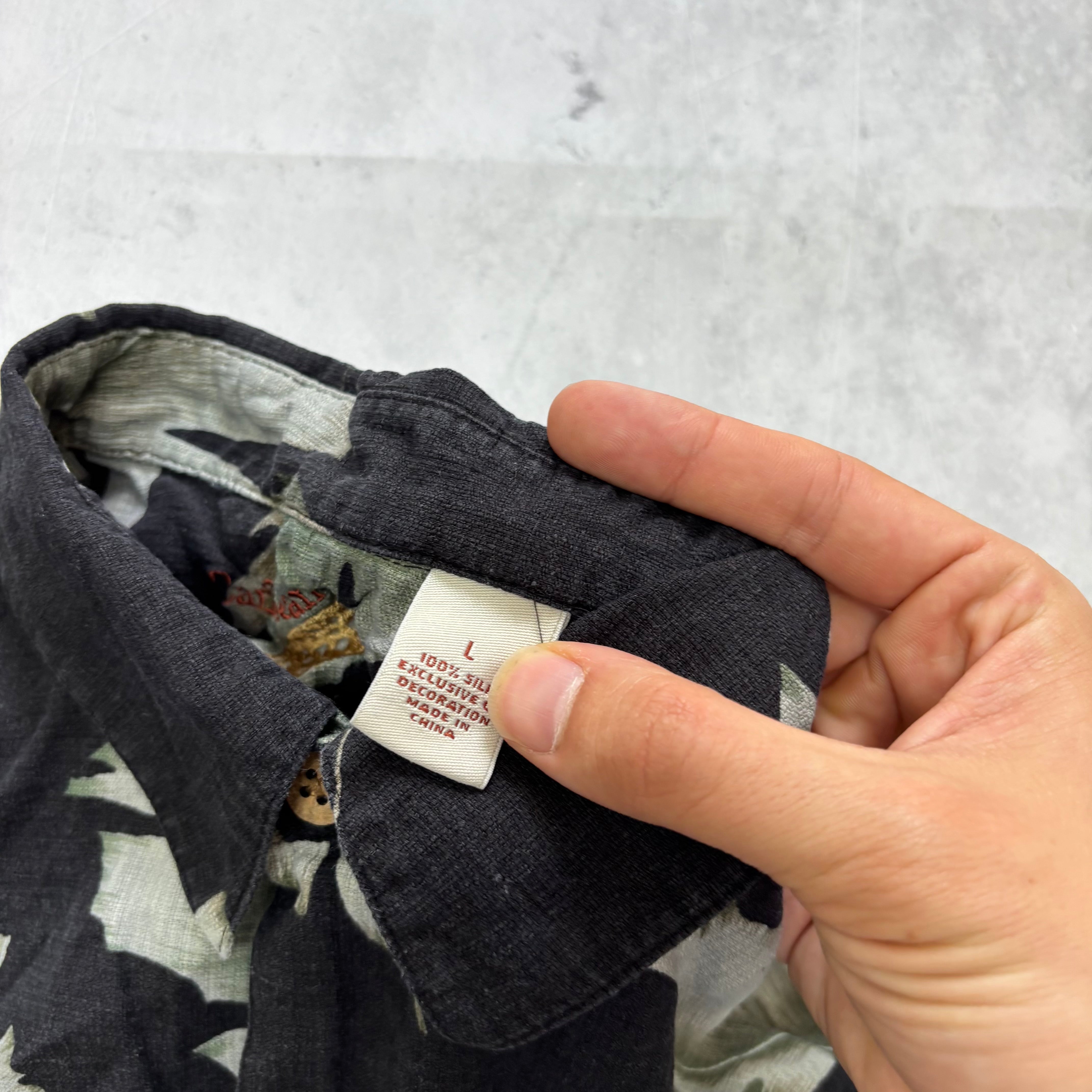 Vintage Hawaiian Shirt Mens Large Black Floral Aloha Short Sleeve Silk (E)