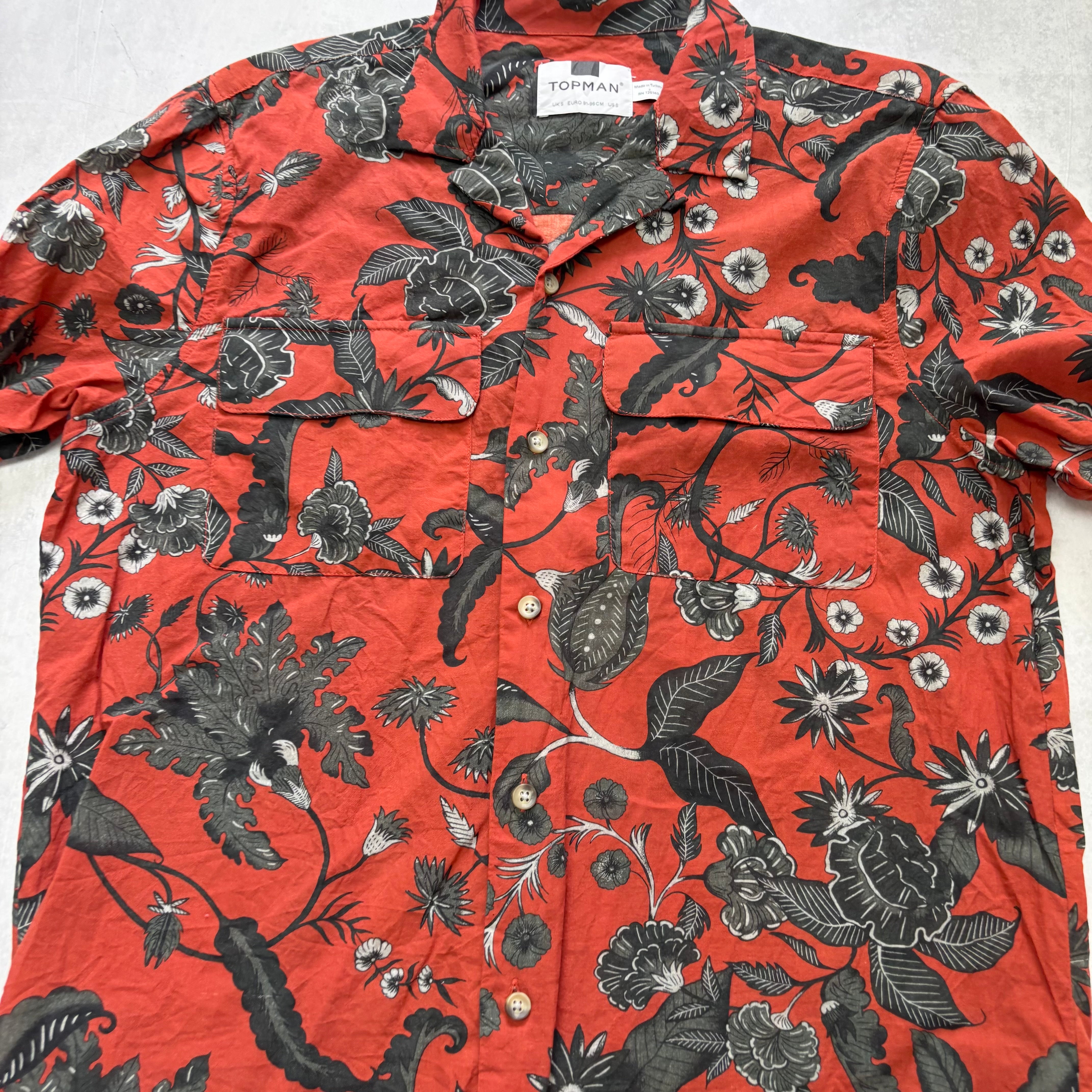 Topman Hawaiian Shirt Mens Small Red Floral Aloha Short Sleeve Cotton (E)