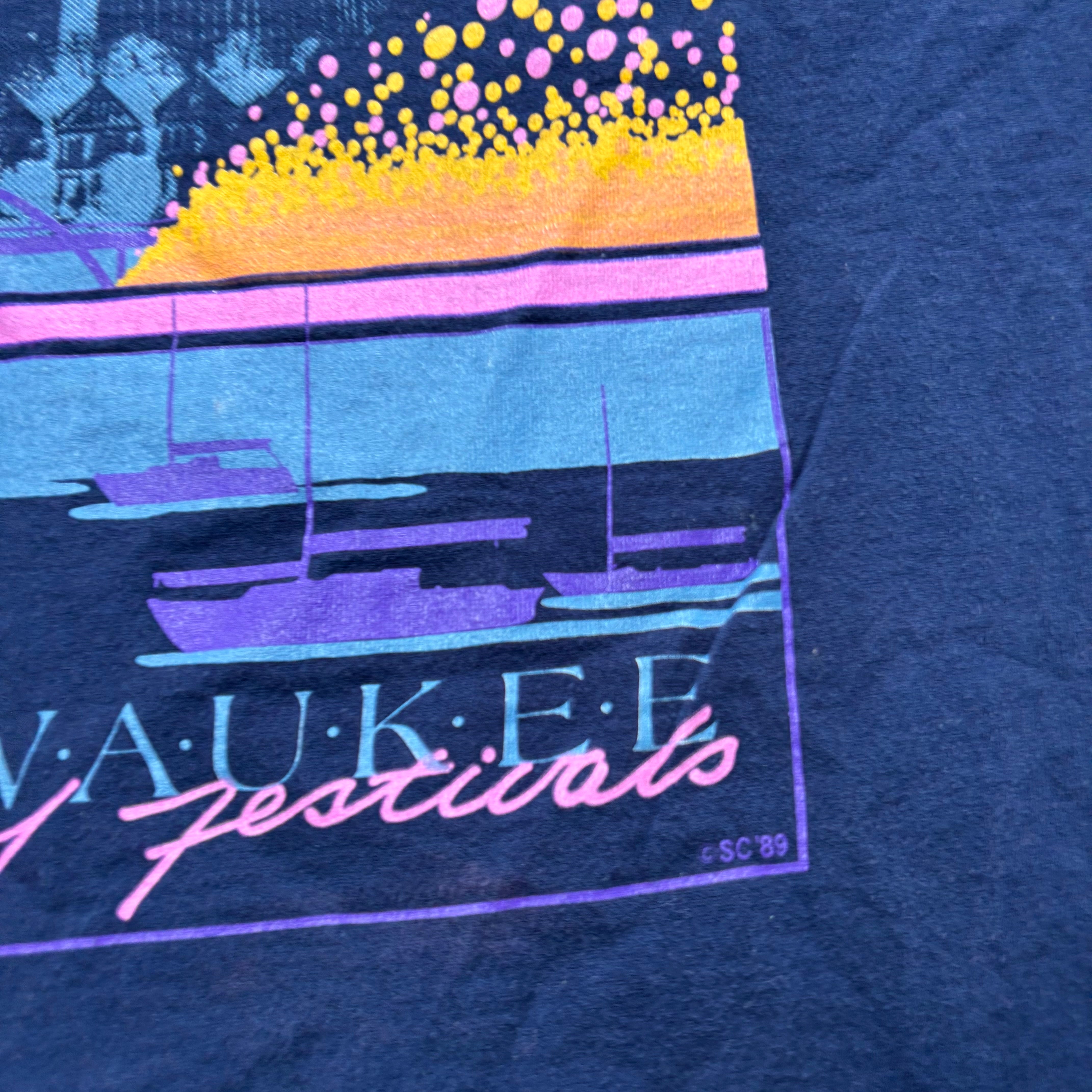 Vintage T Shirt Mens Large Navy Blue Single Stitch Graphic Print 90s USA Tourist (F)