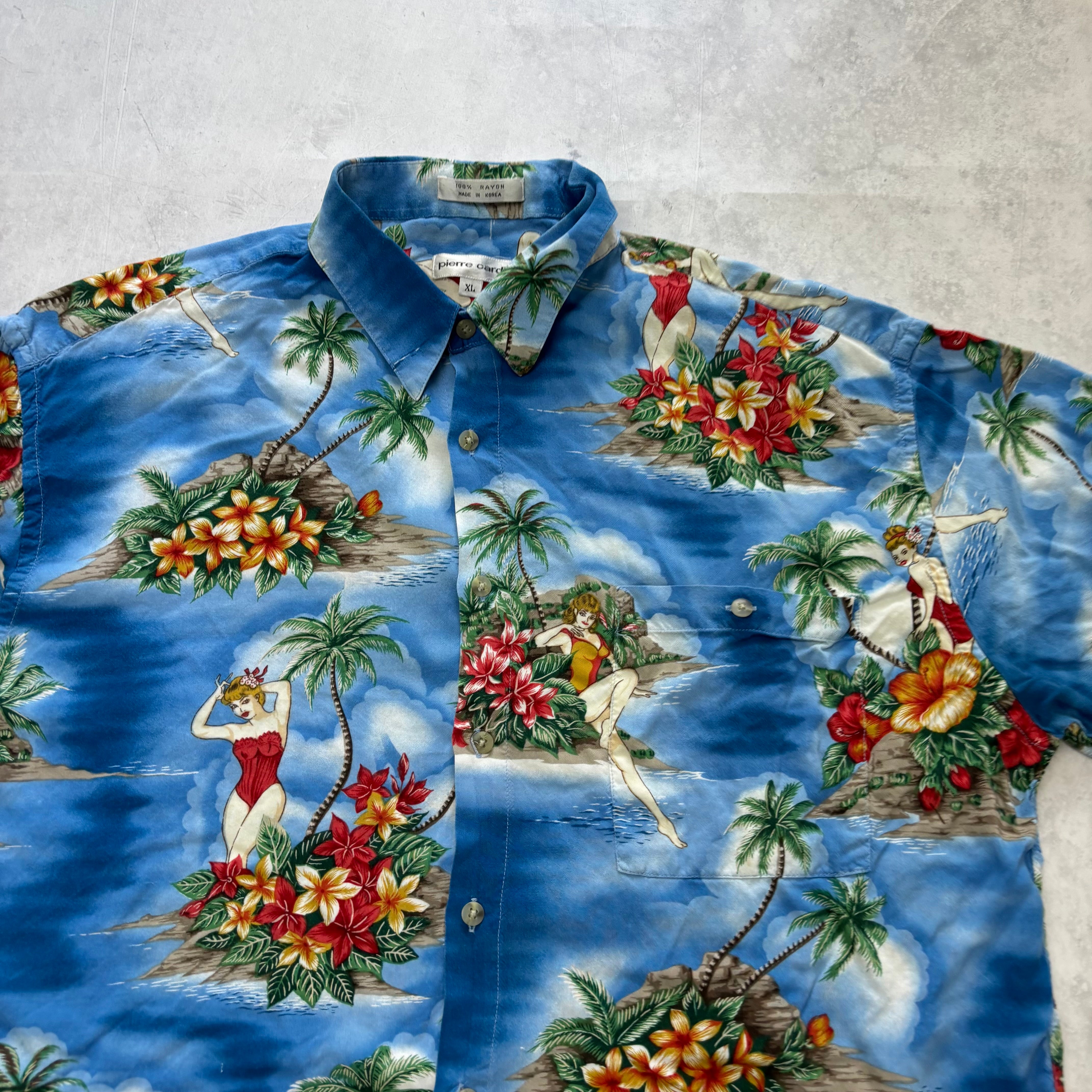 Vintage Hawaiian Shirt Mens XL Blue Floral Aloha Short Sleeve Rayon (E)