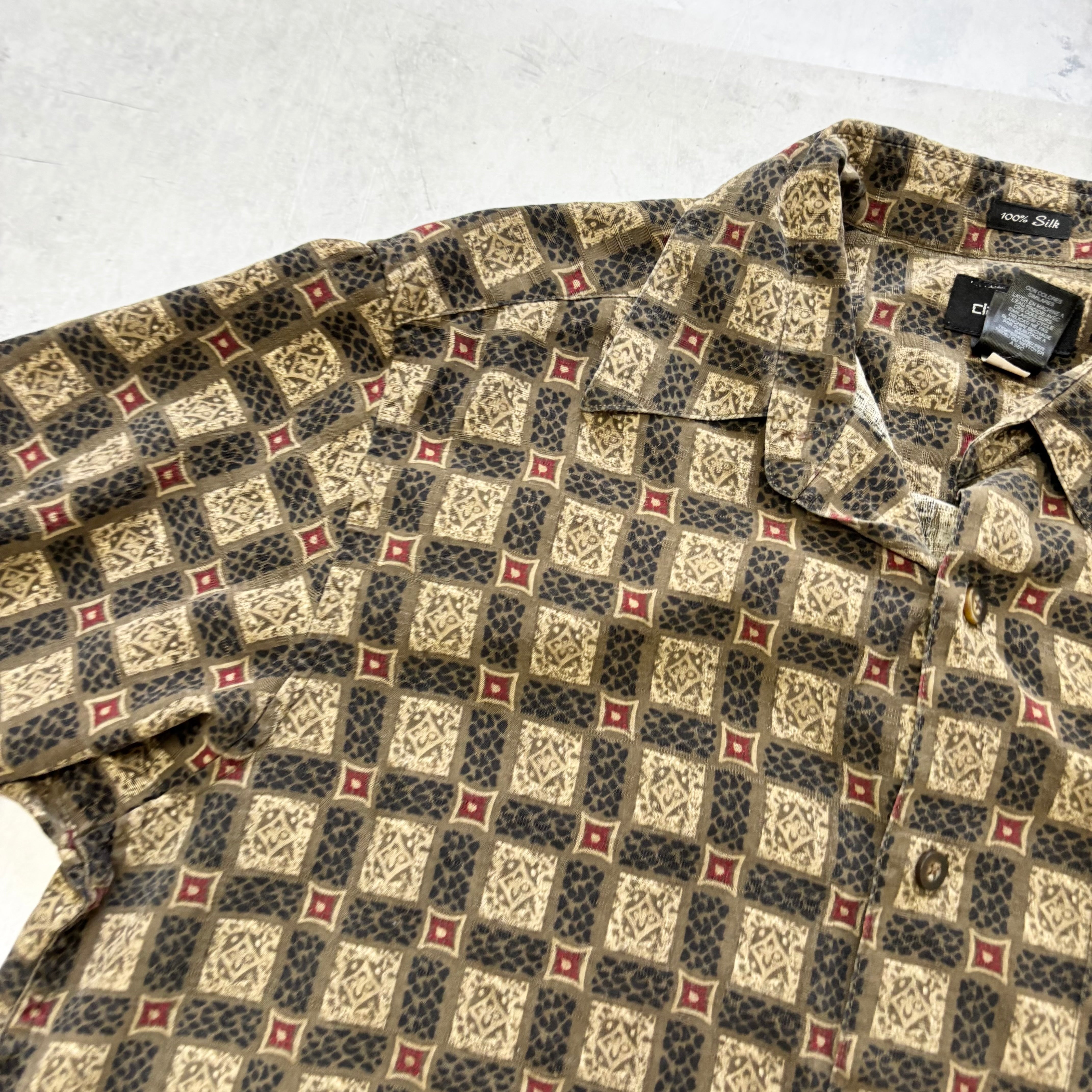 Vintage Shirt Mens Medium Brown Abstract Pattern Short Sleeve Silk (E)