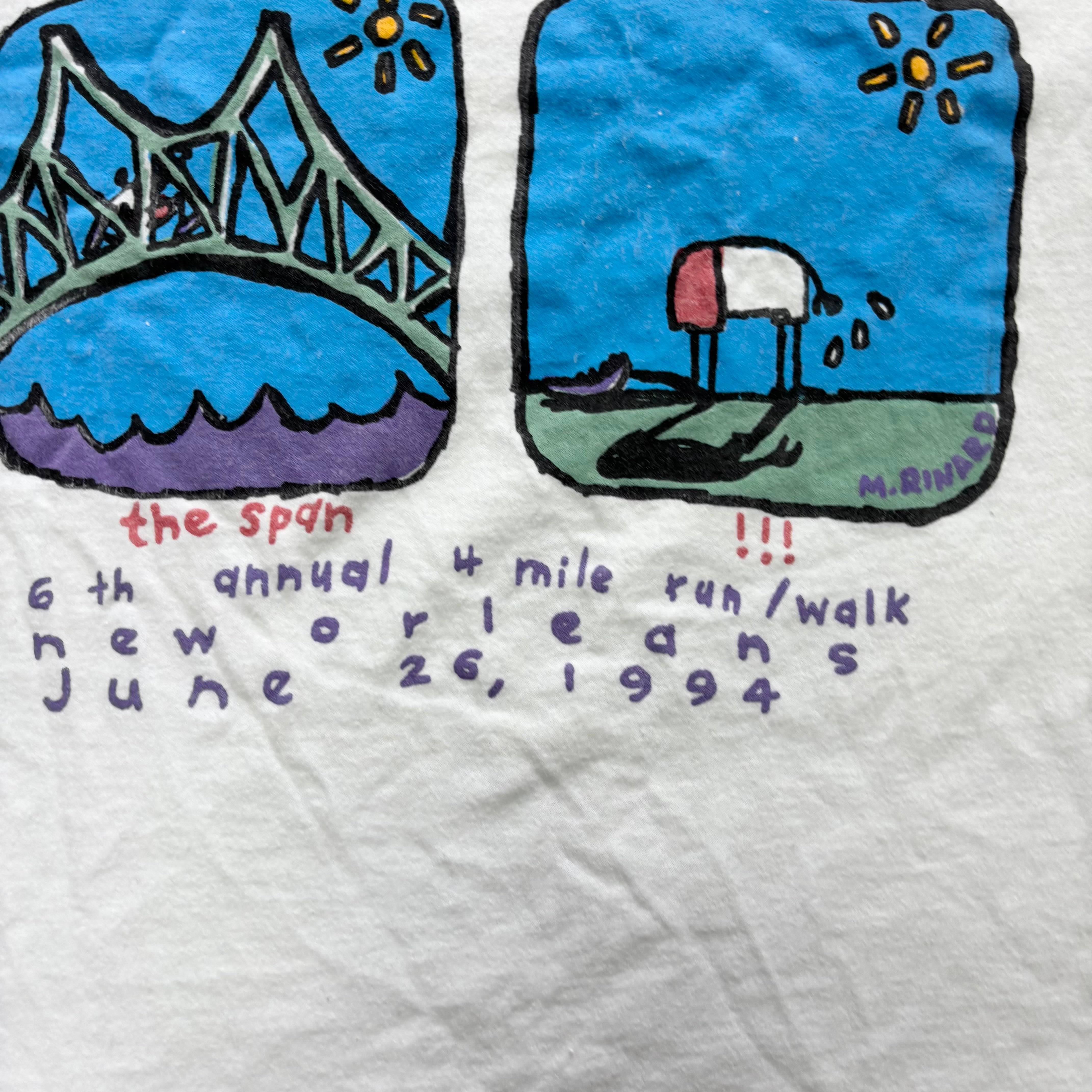 Vintage T Shirt Mens Large White Single Stitch Graphic Print 90s USA Run (E)