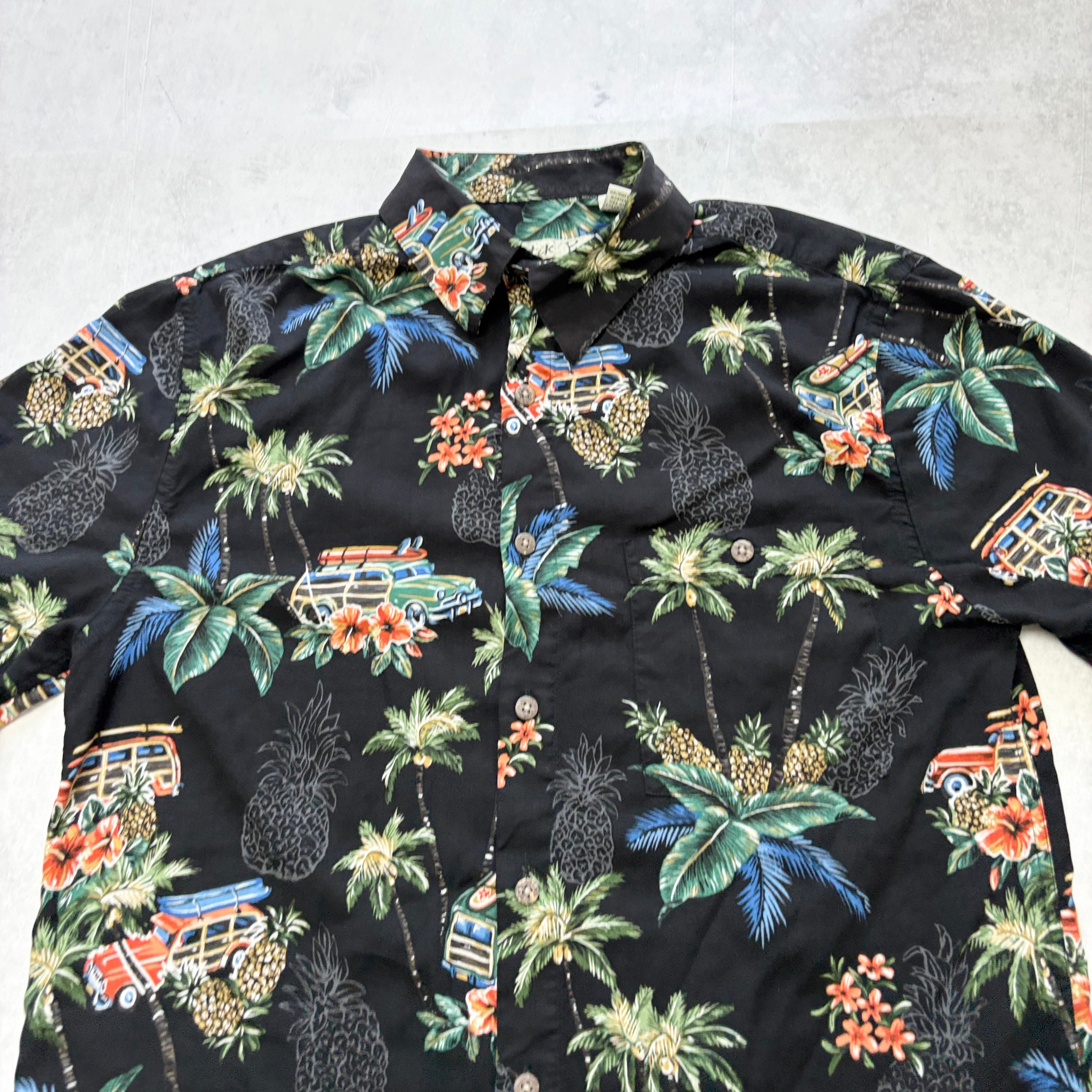 Vintage Hawaiian Shirt Mens Small Black Floral Aloha Short Sleeve Rayon (E)