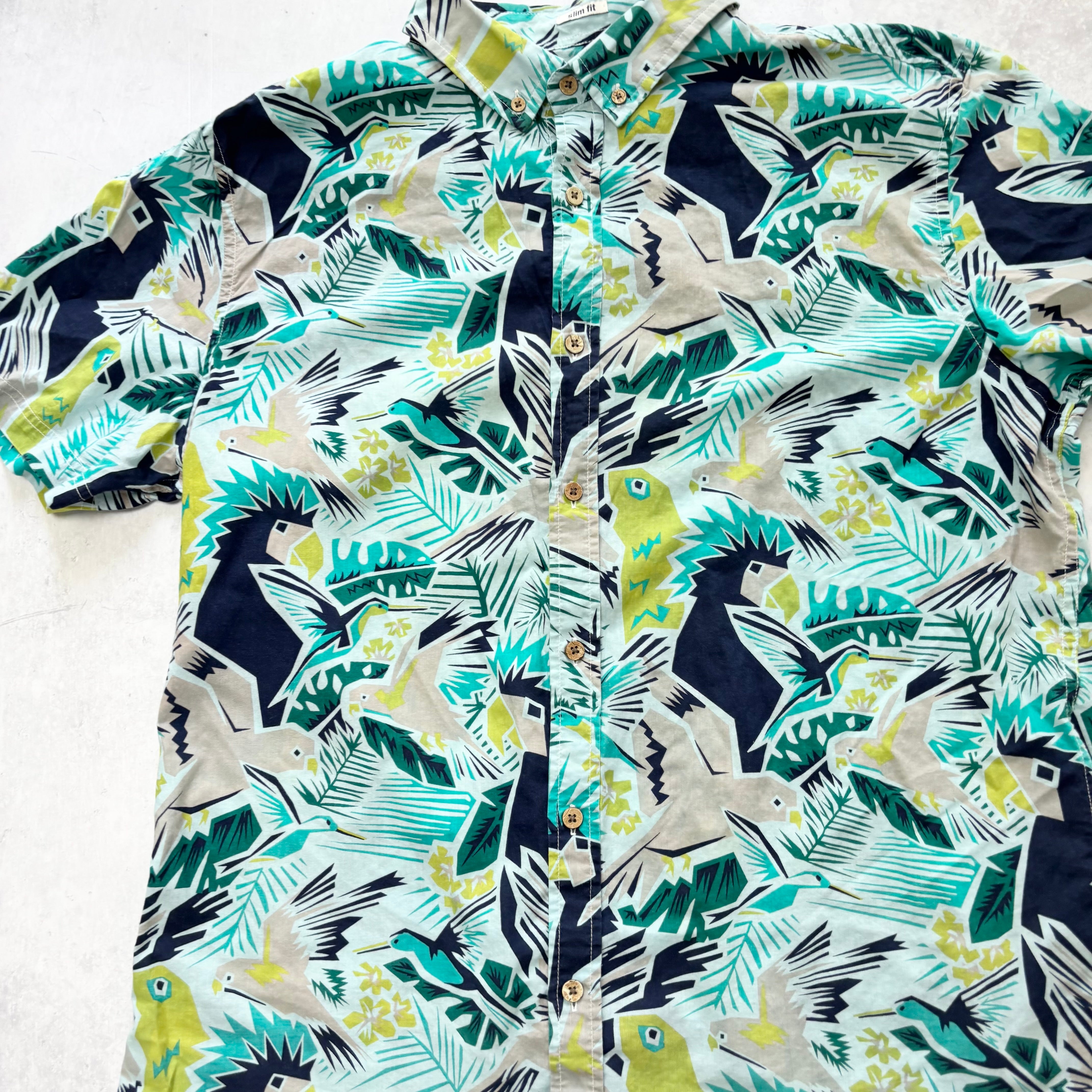 Hawaiian Shirt Mens Large Blue Aloha Floral Short Sleeve Cotton Slim Fit (E)
