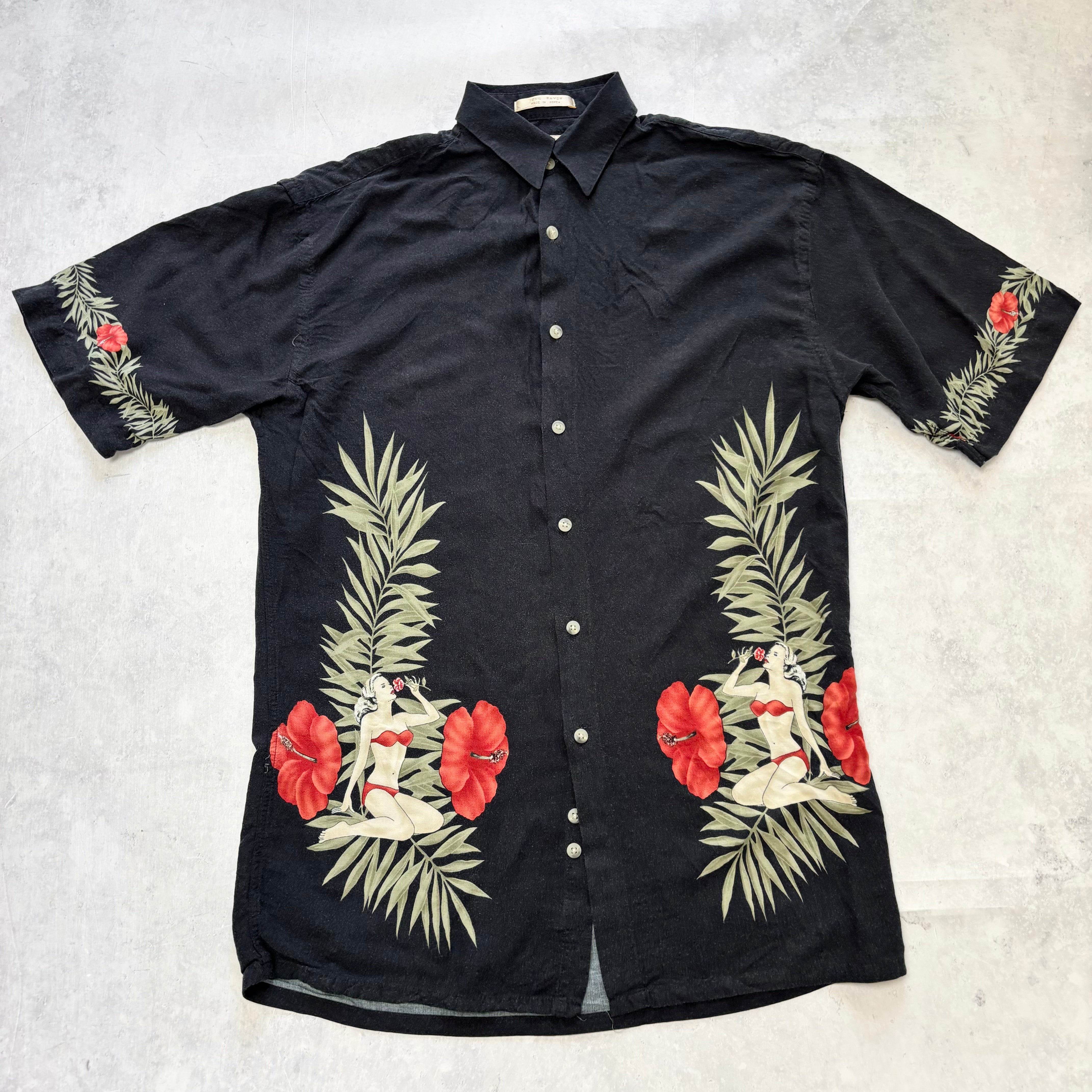 Vintage Hawaiian Shirt Mens Small Black Floral Aloha Short Sleeve Rayon