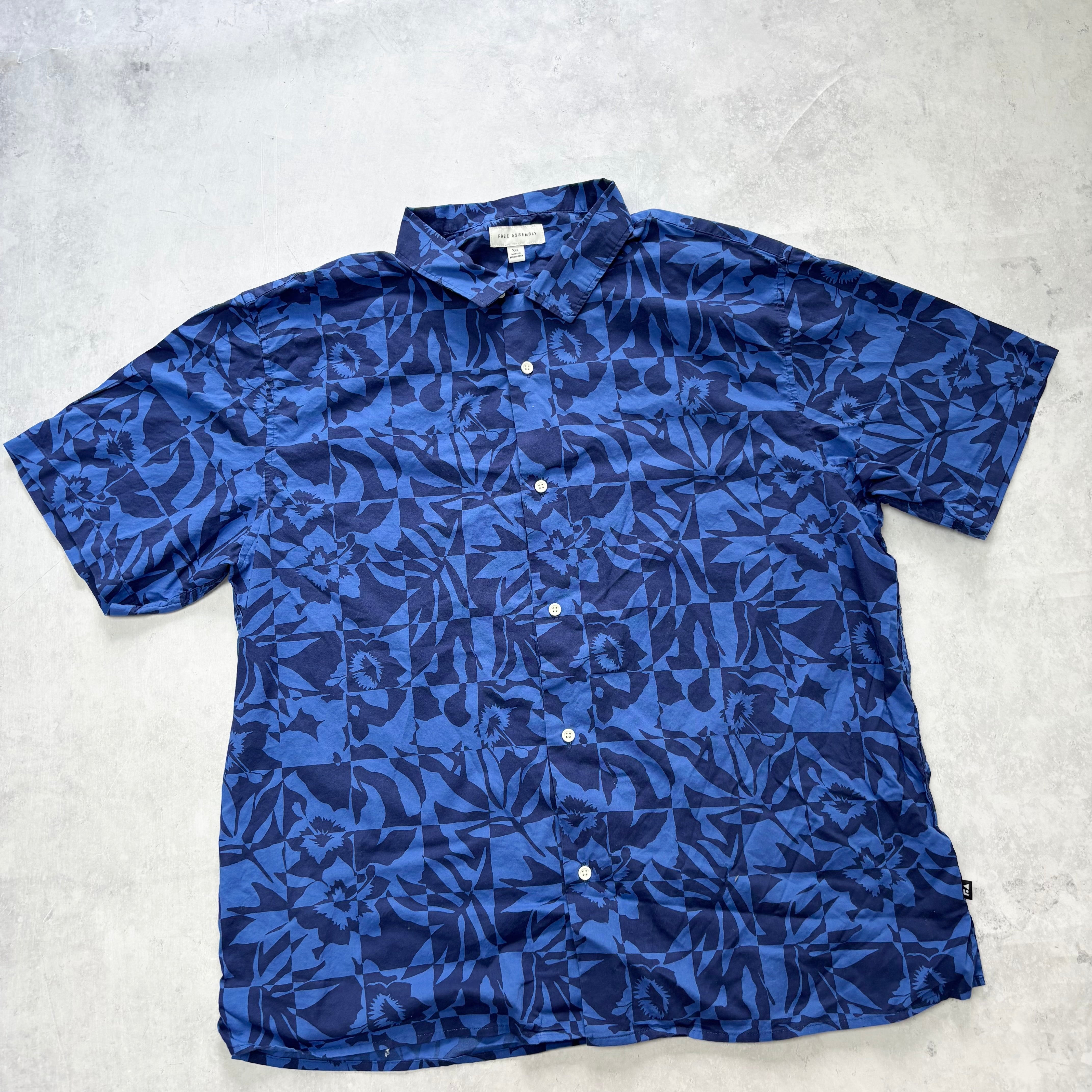 Hawaiian Shirt Mens XXL Blue Floral Aloha Short Sleeve Cotton (E)