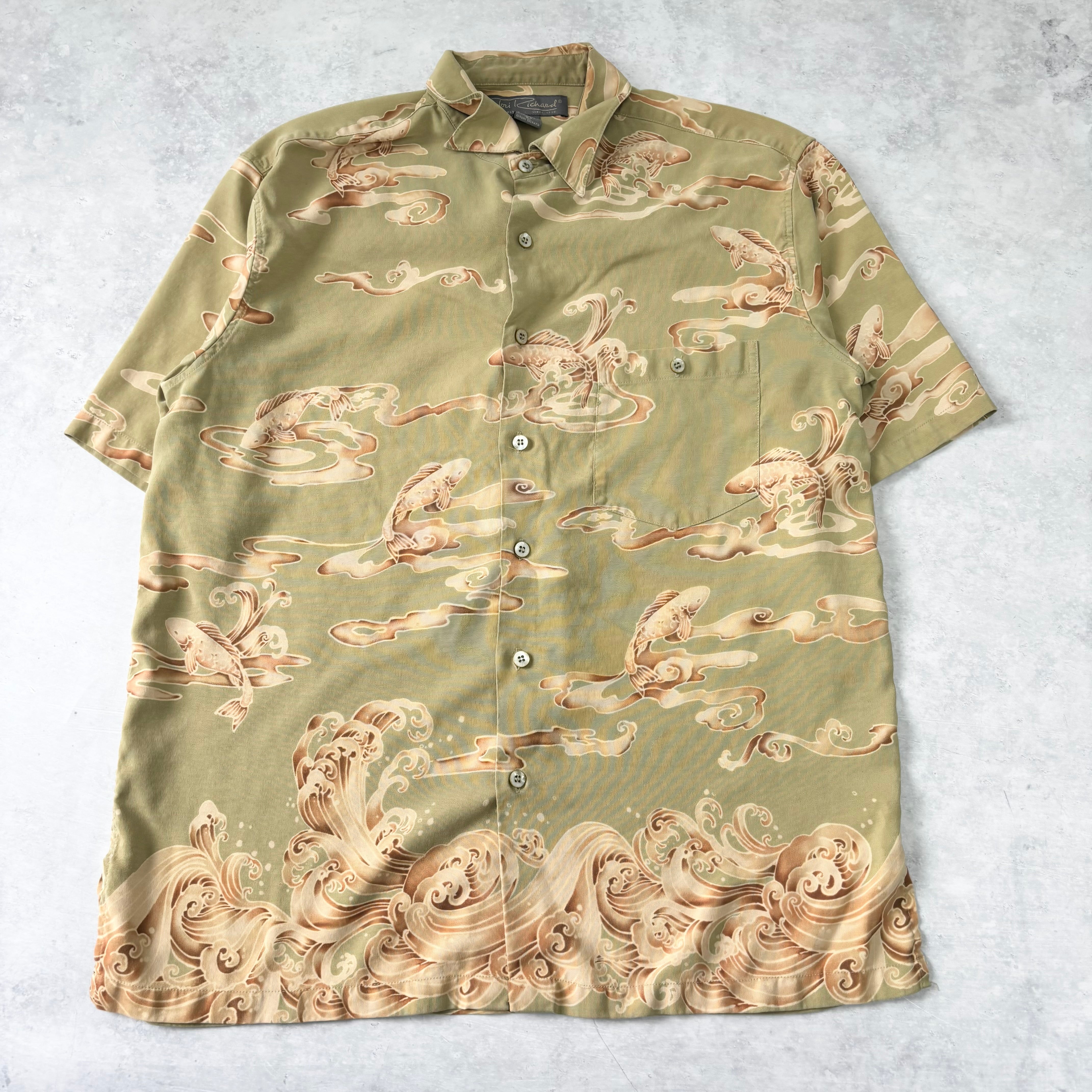 Vintage Hawaiian Shirt Mens Large Green Fish Aloha Short Sleeve Silk (E)
