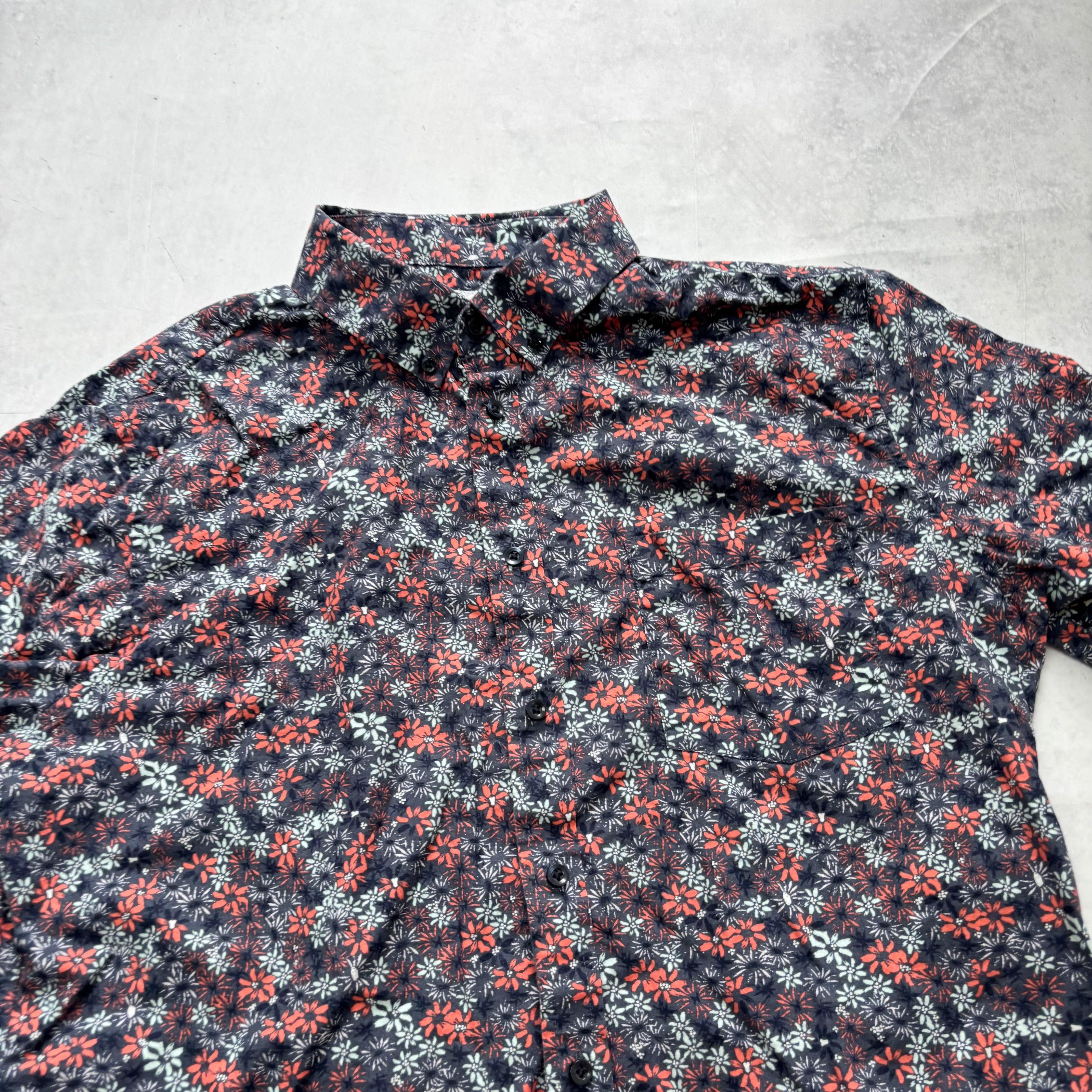 Hawaiian Shirt Mens XL Navy Floral Aloha Short Sleeve Cotton Slim Fit (E)