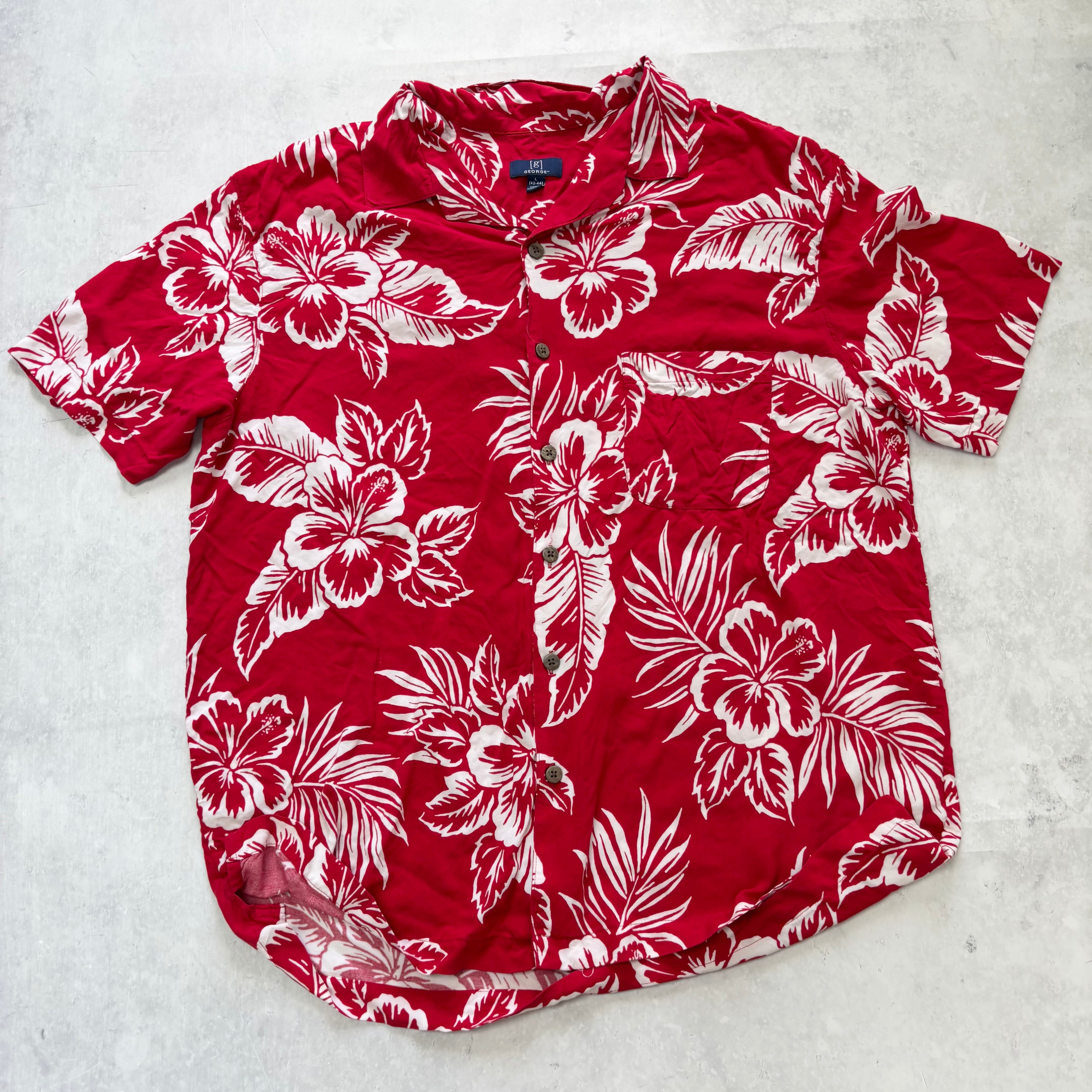 Hawaiian Shirt Mens Large Red Floral Aloha Short Sleeve Rayon (E)