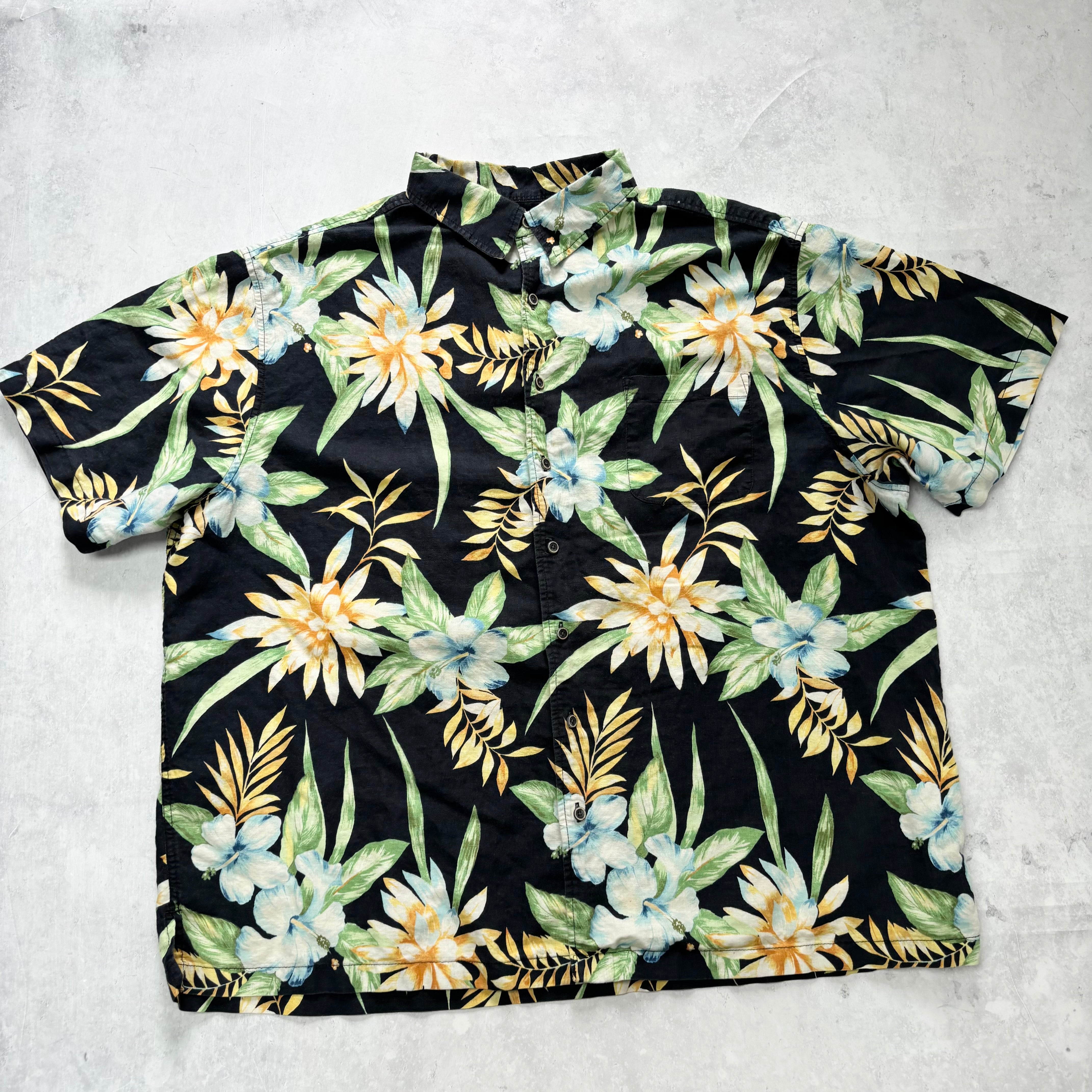 Vintage Hawaiian Shirt Mens 3XB 3XL Black Aloha Floral Short Sleeve Linen (E)