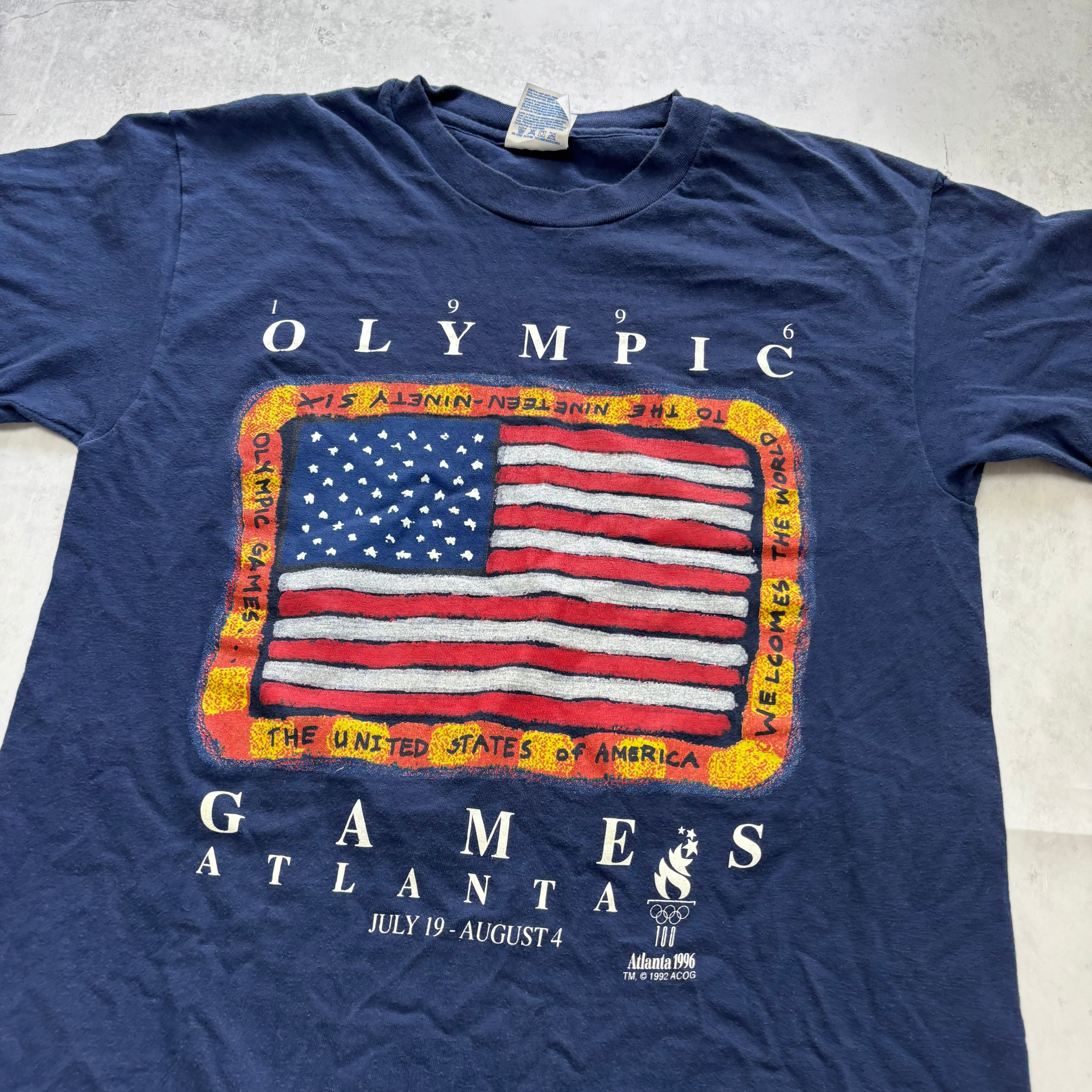 Vintage T Shirt Mens Small Navy Blue Single Stitch Graphic Print 90s Olympics (E)