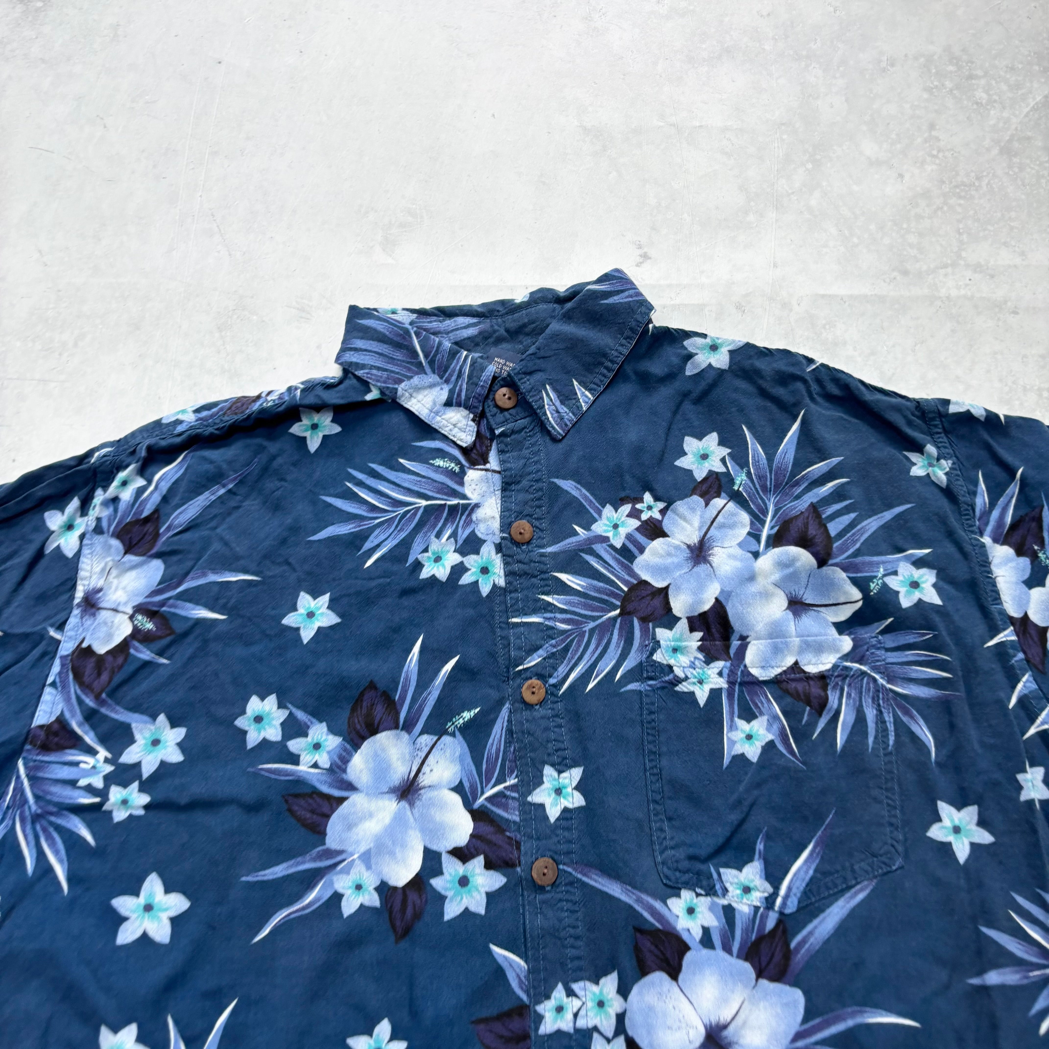 Hawaiian Shirt Mens Large Blue Floral Aloha Short Sleeve Rayon (F)