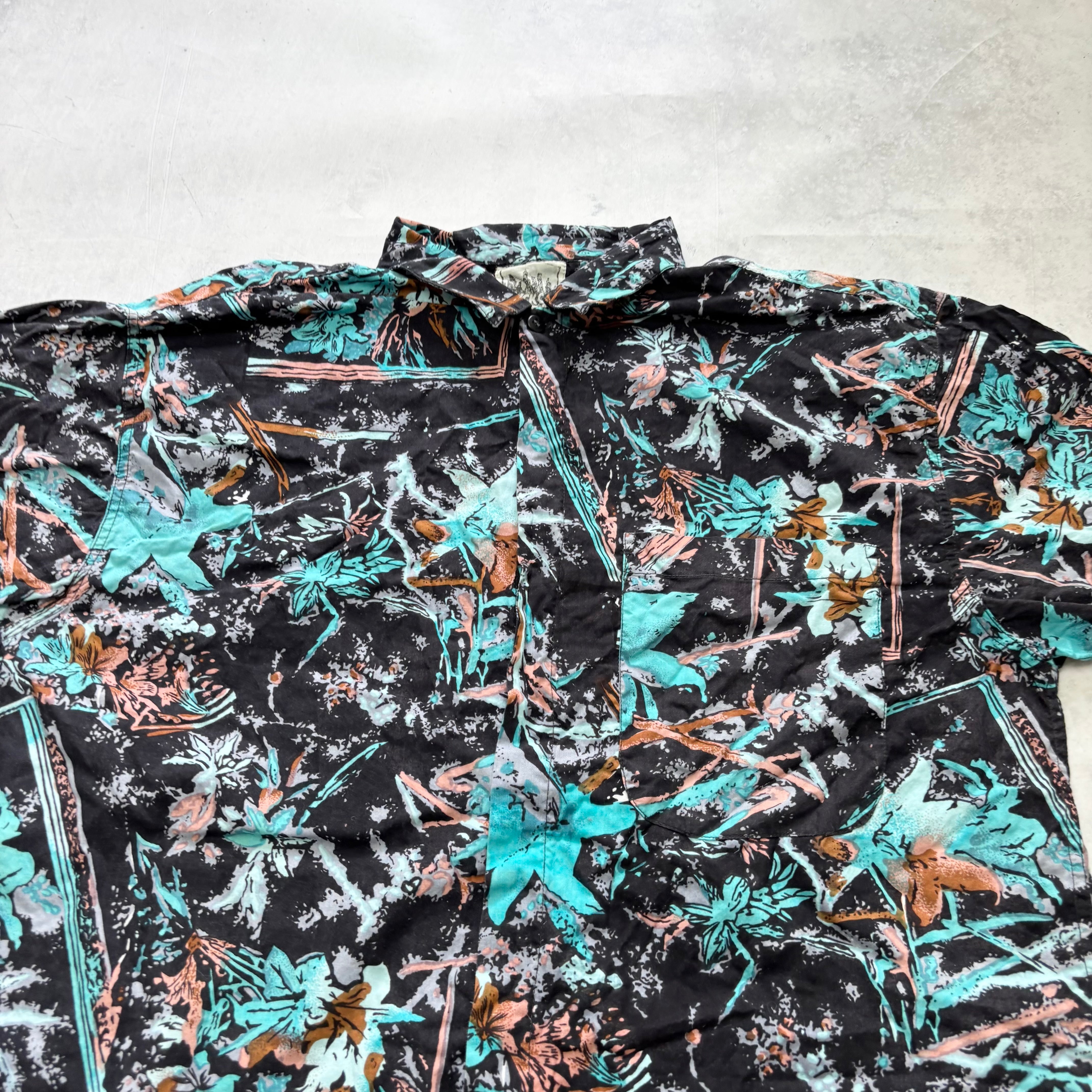 Hawaiian Shirt Mens Large Black Floral Aloha Short Sleeve Cotton Funky (E)