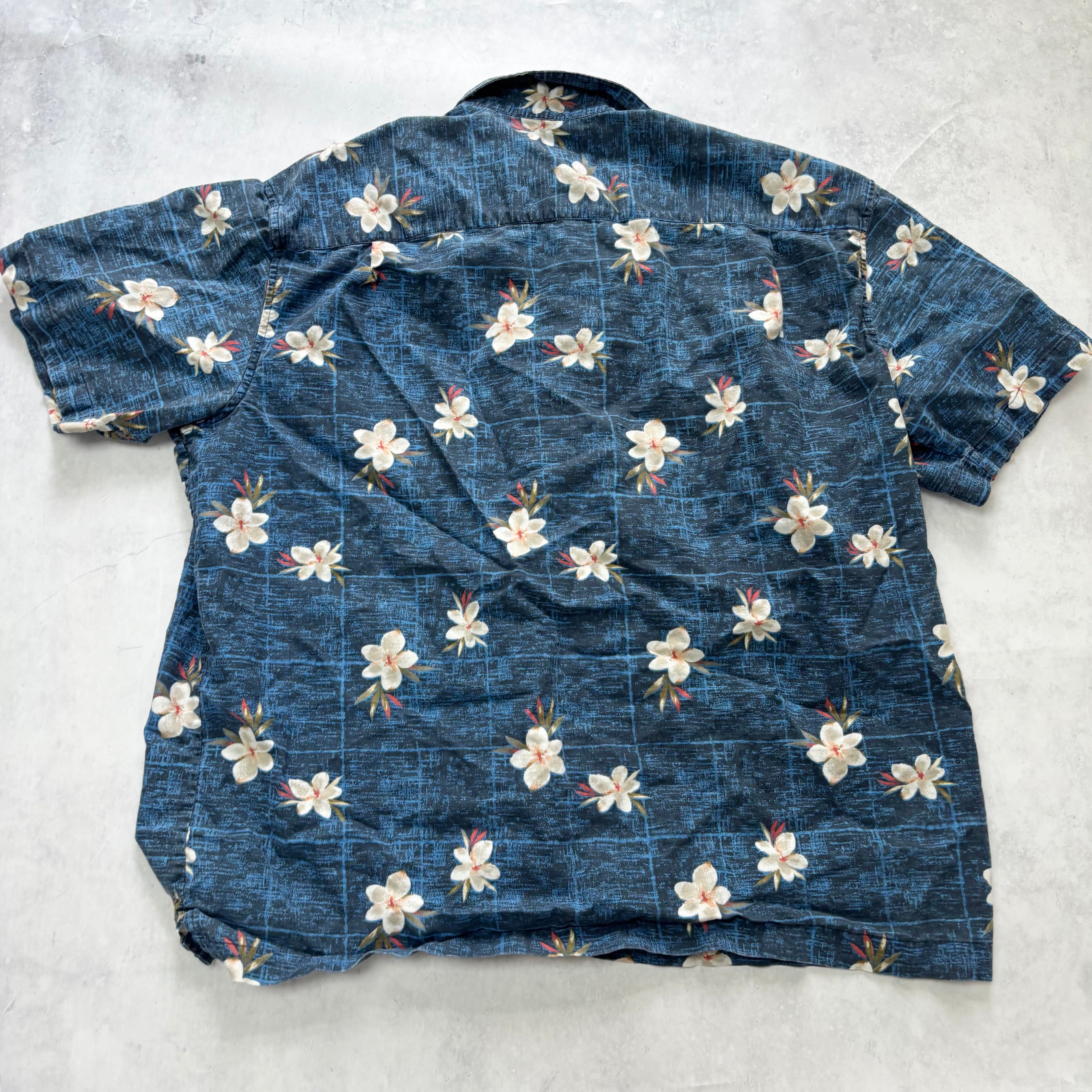 Hawaiian Shirt Mens XL Blue Floral Aloha Short Sleeve Linen Blend (E)